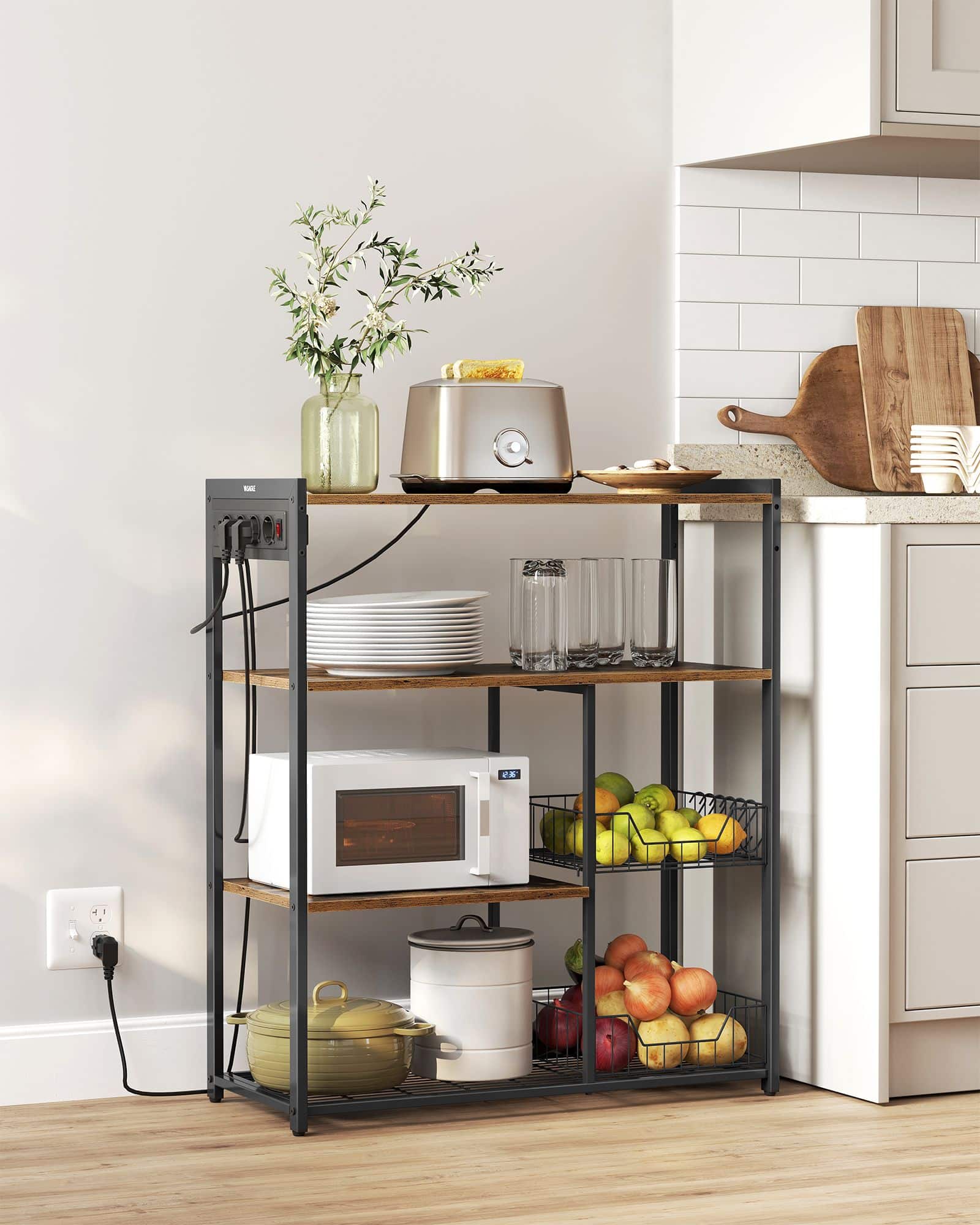 VASAGLE Küchenregal mit Steckdosen Vintagebraun-Schwarz VASAGLE Küchenregal mit Steckdosen Vintagebraun-Schwarz
