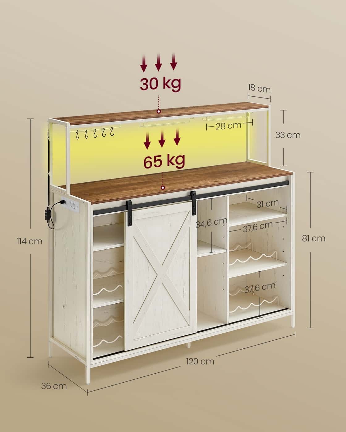 "Barschrank mit LED-Beleuchtung Steckdosenleiste Schiebetüren vintageweiß-honigbraun " "Barschrank mit LED-Beleuchtung Steckdosenleiste Schiebetüren vintageweiß-honigbraun "