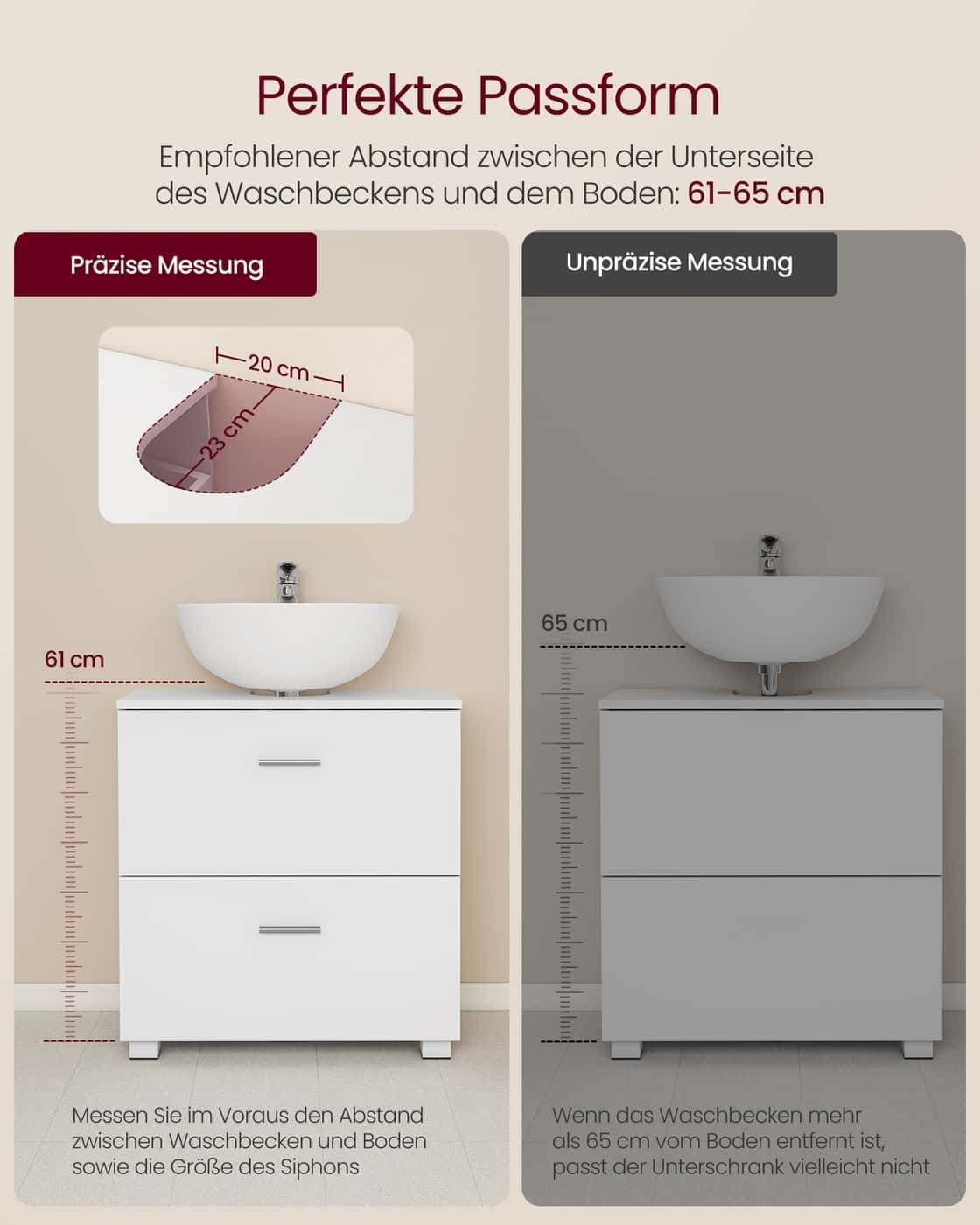 CUSTOS Kollektion - Waschbeckenunterschrank 30 x 60 x 63,8 cm mit 2 großen Schubladen wolkenweiß