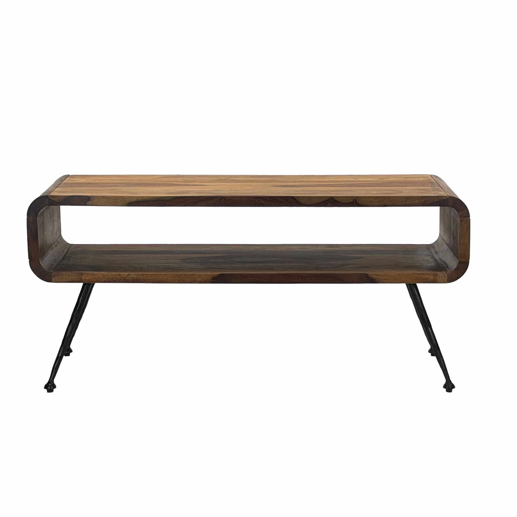Retro Couchtisch Sheesham Massivholz 100cm · Wohnzimmertisch rechteckig mit Ablagefach · Handgefertigter Sofatisch aus Holz mit Metallbeinen im Industrial Design