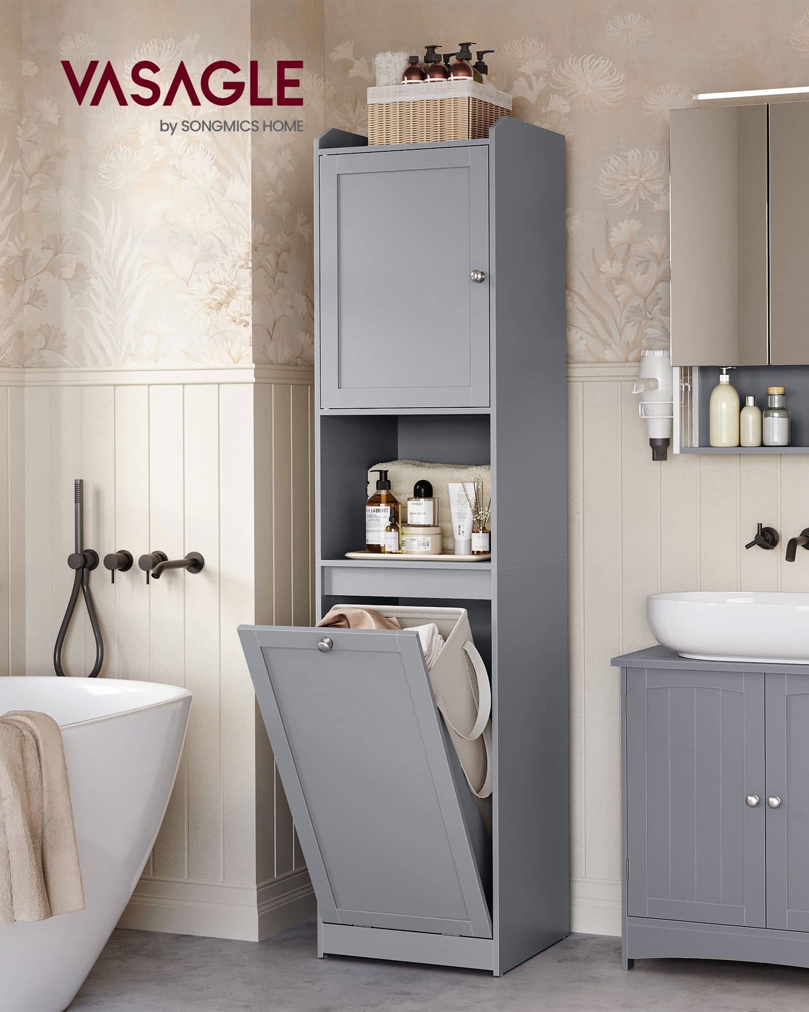 Badezimmerschrank mit Wäschekorb und Griffen taubengrau Badezimmerschrank mit Wäschekorb und Griffen taubengrau