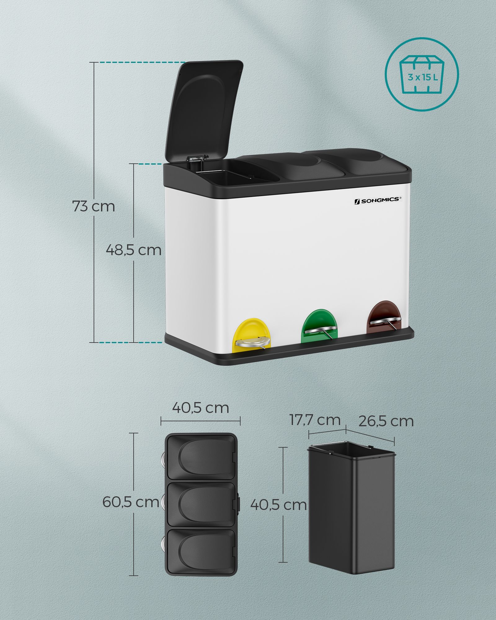 Mülleimer 3 x 15 Liter mit Deckel und Inneneimer weiß-schwarz-LTB45W Mülleimer 3 x 15 Liter mit Deckel und Inneneimer weiß-schwarz-LTB45W