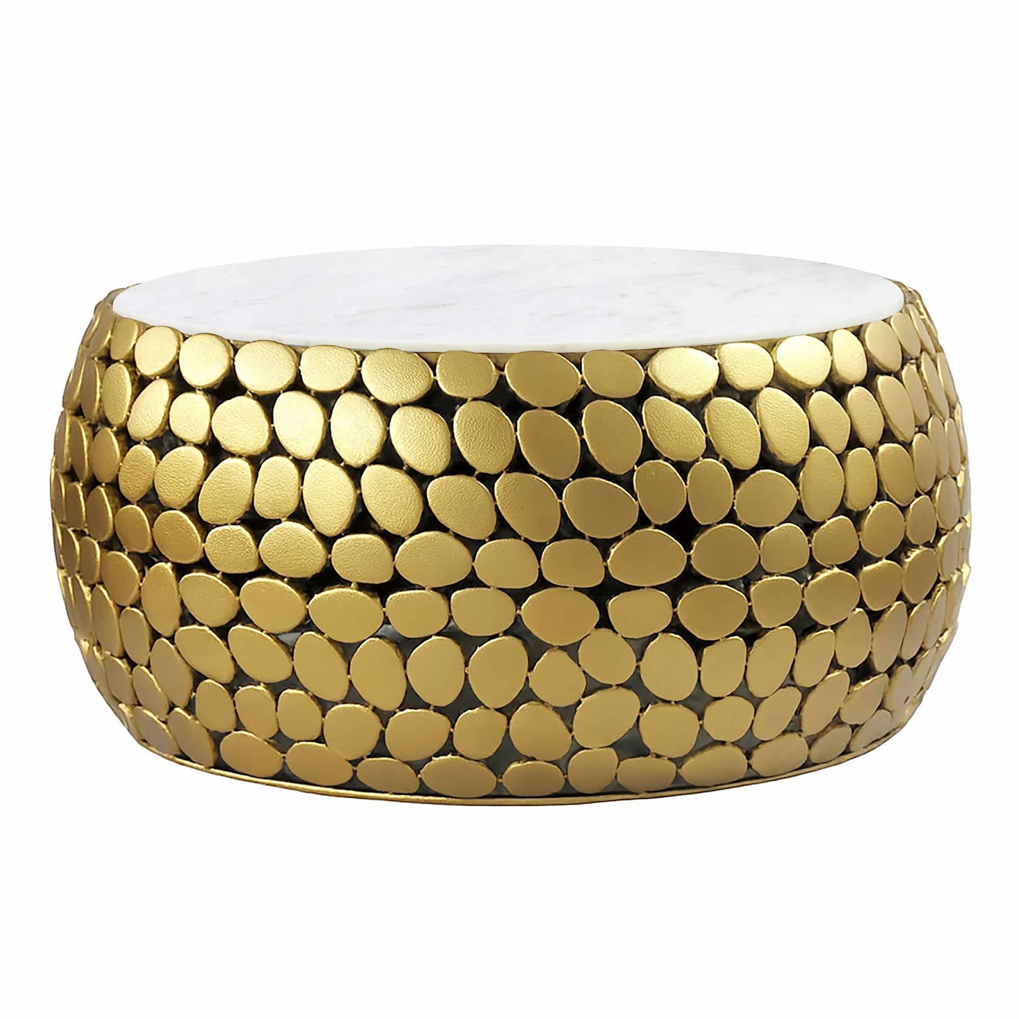 Design Couchtisch rund 66 cm aus Aluminium gold und weißer Marmor Tischplatte - Wohnzimmertisch Alu - Metall Sofatisch - Beistelltisch Wohnzimmer - Handmade