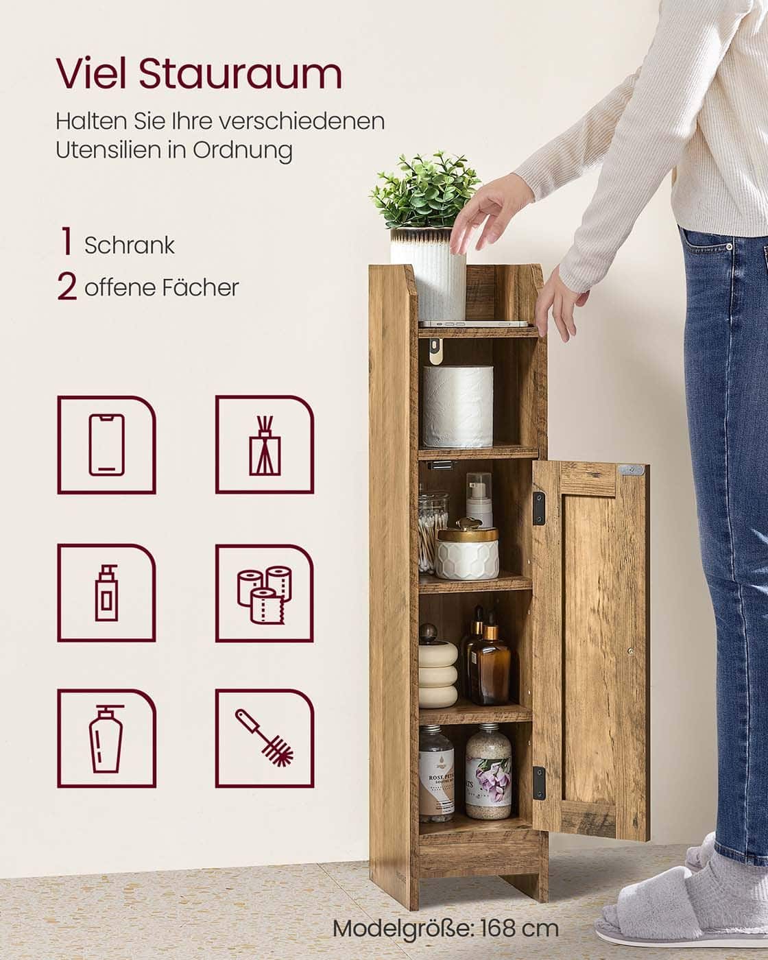 Schmaler Badezimmerschrank mit Tür und Regal für kleines Bad