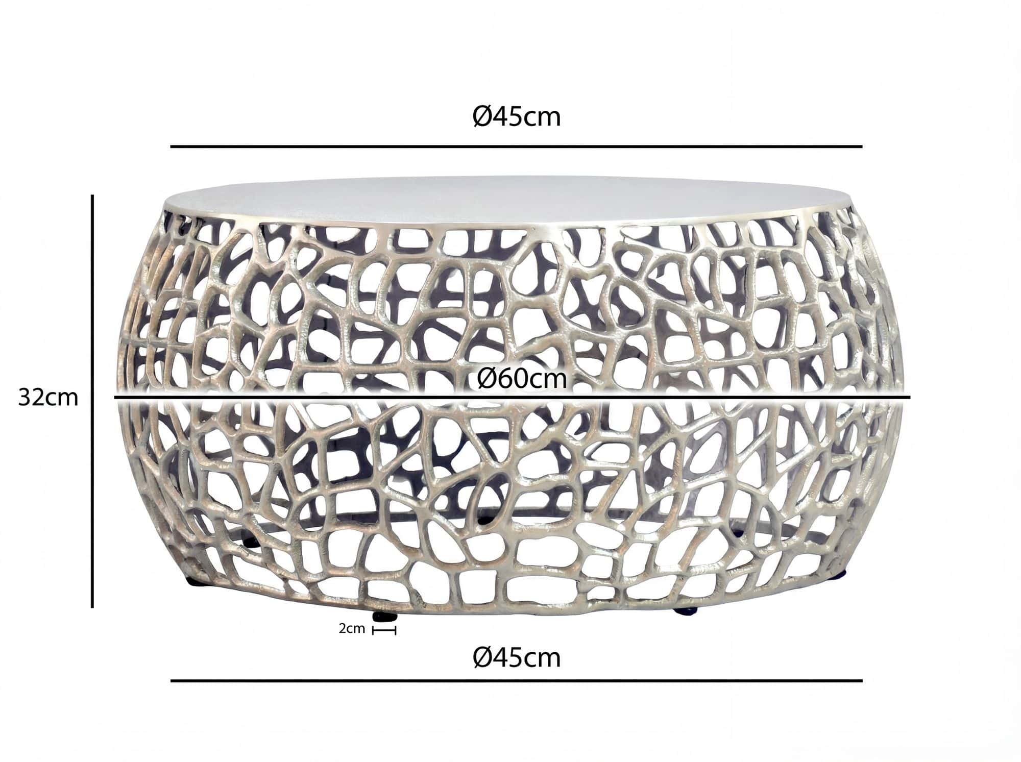 Couchtisch Metall Silber 60cm Sofatisch Aluminium Rund - Design Wohnzimmertisch mit Ast Struktur - Kleiner Kaffeetisch Modern - Beistelltisch Anstelltisch Wohnzimmer Handmade