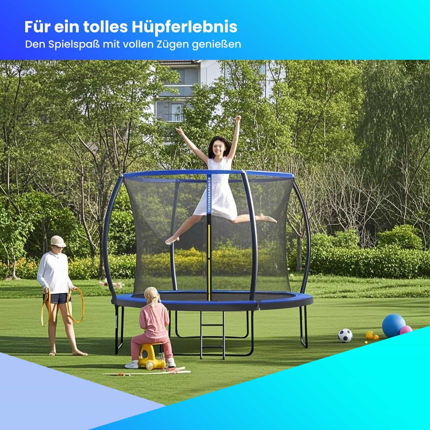 Trampolin 305 cm d, Gartentrampolin mit Sicherheitsnetz, 180 cm hohe gebogene Stangen Trampolin 305 cm d, Gartentrampolin mit Sicherheitsnetz, 180 cm hohe gebogene Stangen