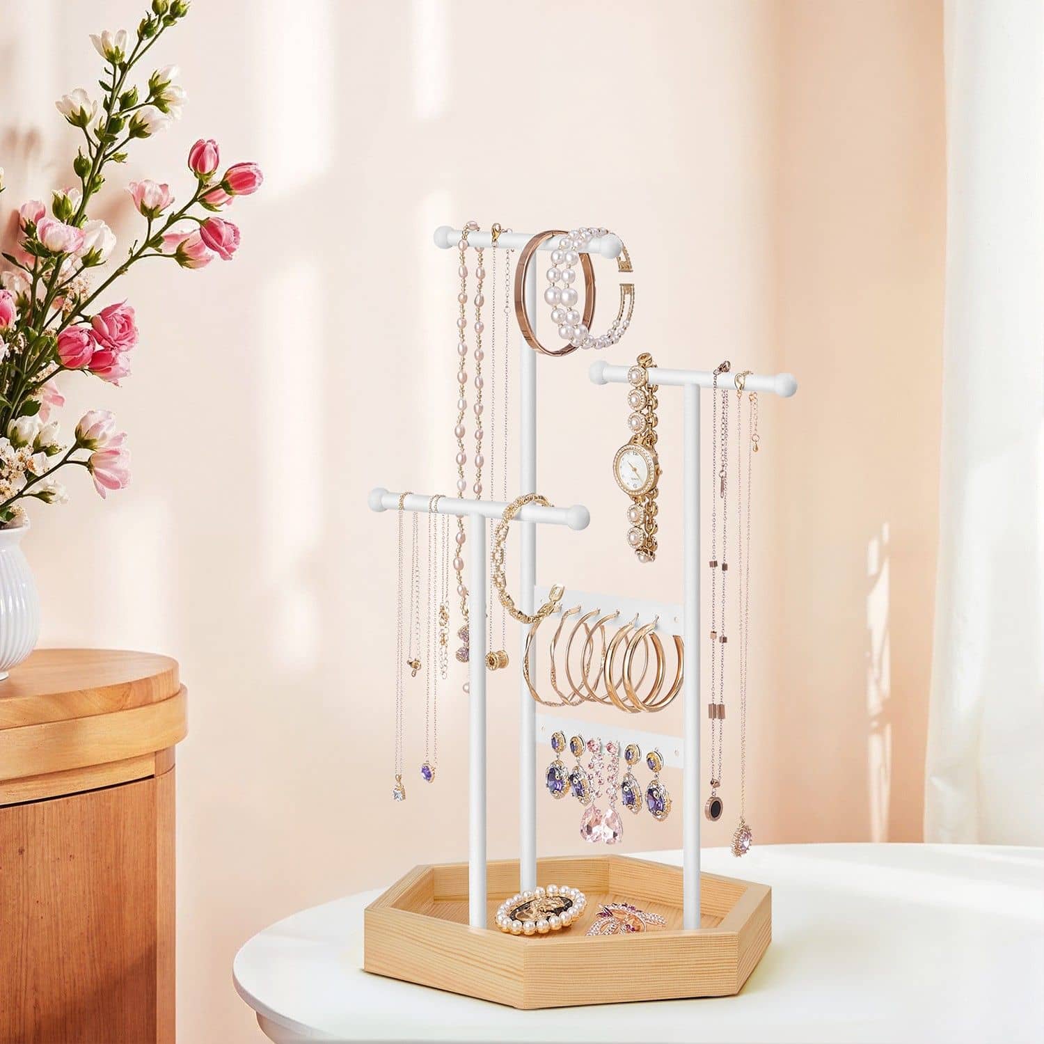 Schmuckhalter aus Metall und Holz Weiß Schmuckhalter aus Metall und Holz Weiß