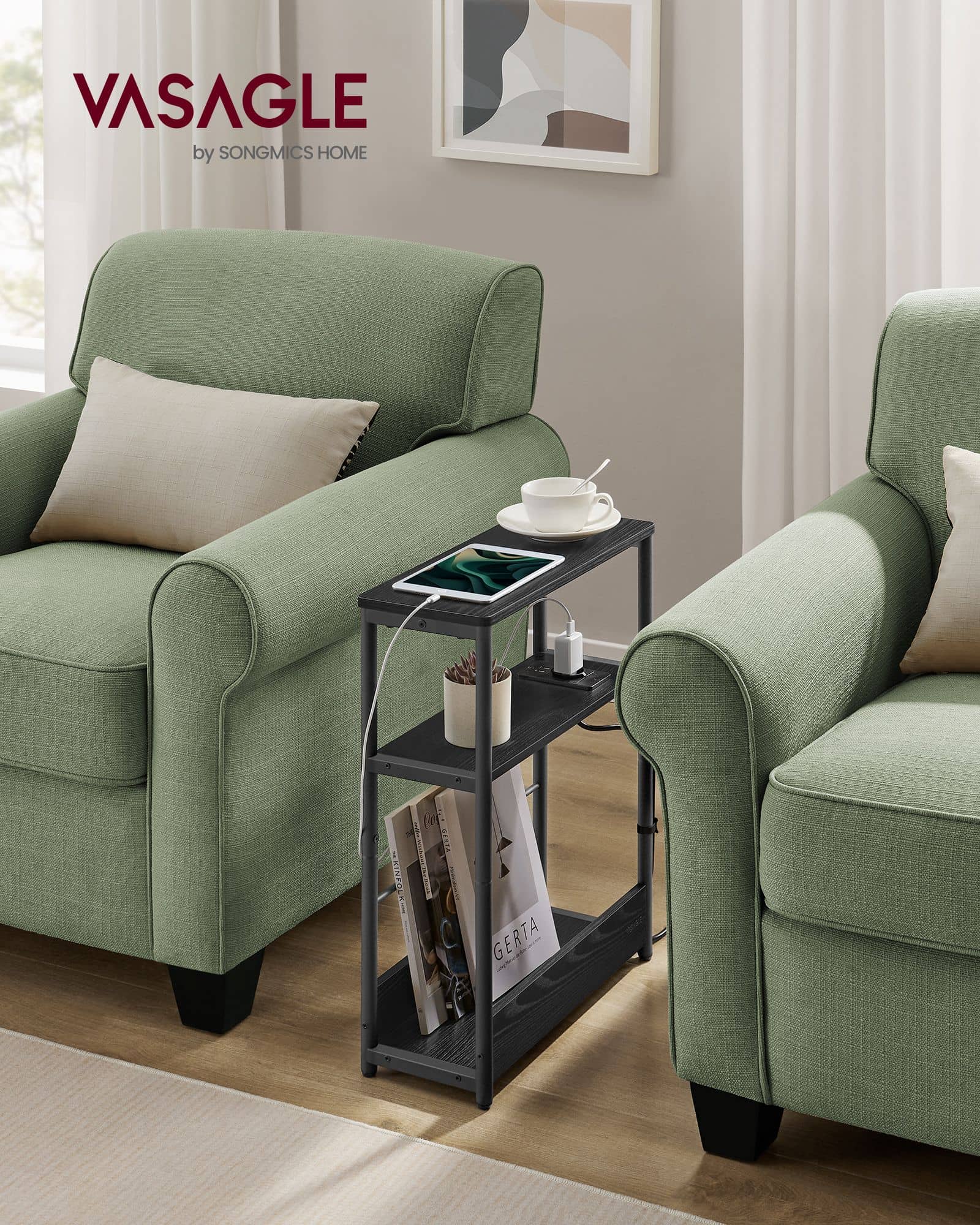 Beistelltisch mit 3 Ablagen schmal ebenholzschwarz-tintenschwarz