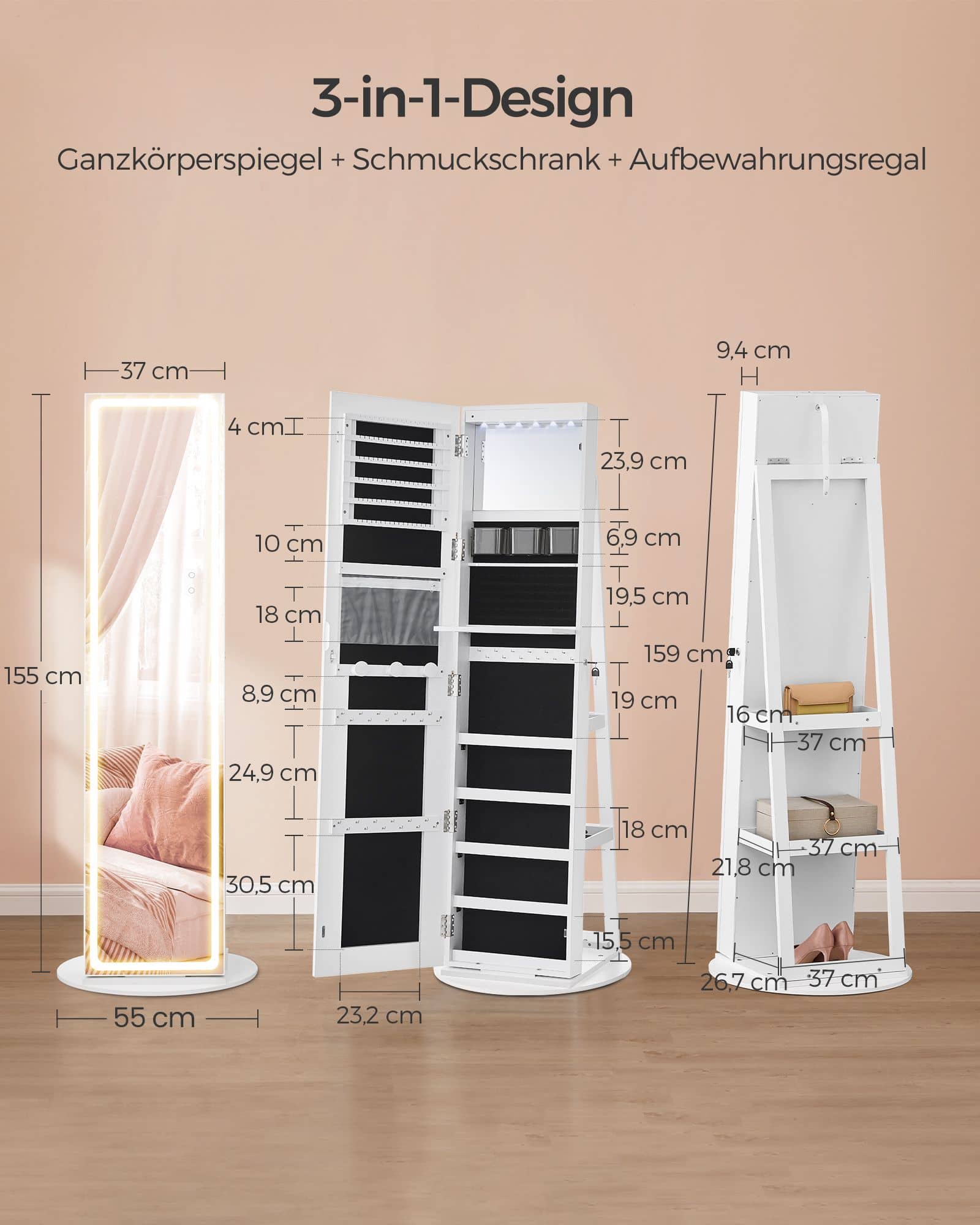 Schmuckschrank mit LED-Beleuchtung und Spiegel wolkenweiß Schmuckschrank mit LED-Beleuchtung und Spiegel wolkenweiß