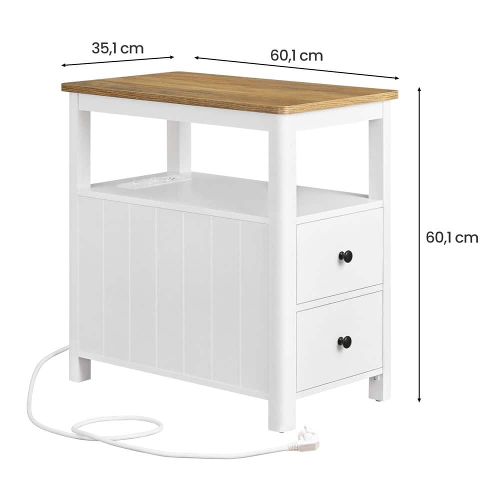Beistelltisch, schmaler Nachttisch mit Steckdosenleiste, 2 Schubladen Beistelltisch, schmaler Nachttisch mit Steckdosenleiste, 2 Schubladen