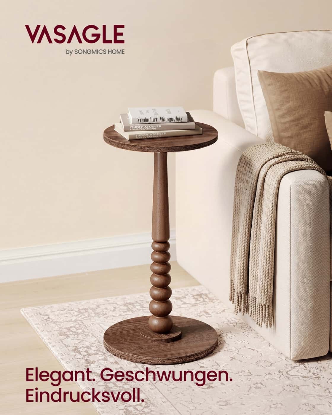 Mariel Kollektion - Runder Beistelltisch im Mid-Century Modern Stil kastanienwalnussfarben