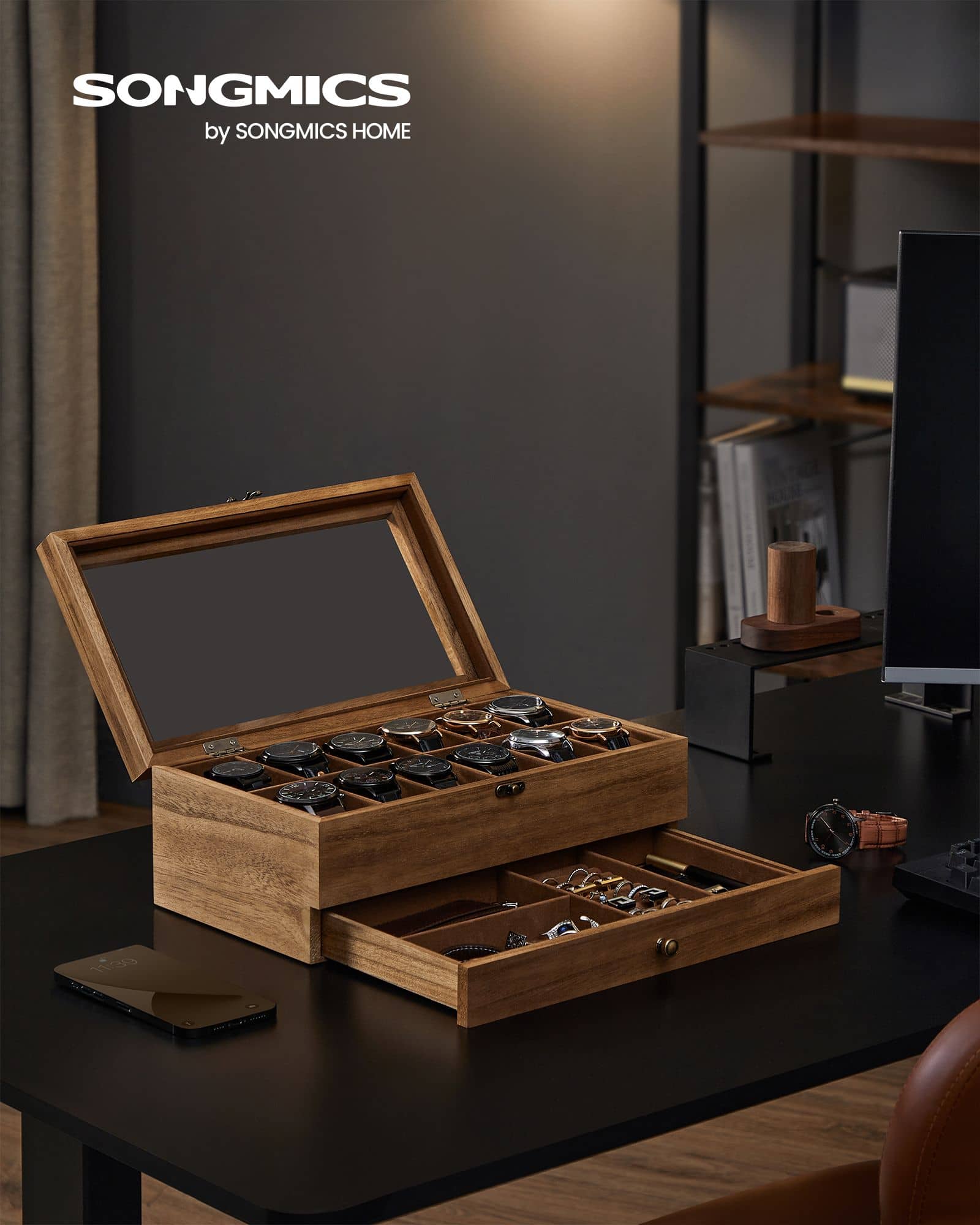 Uhrenbox mit 12 Fächern aus Massivholz walnussfarben Uhrenbox mit 12 Fächern aus Massivholz walnussfarben