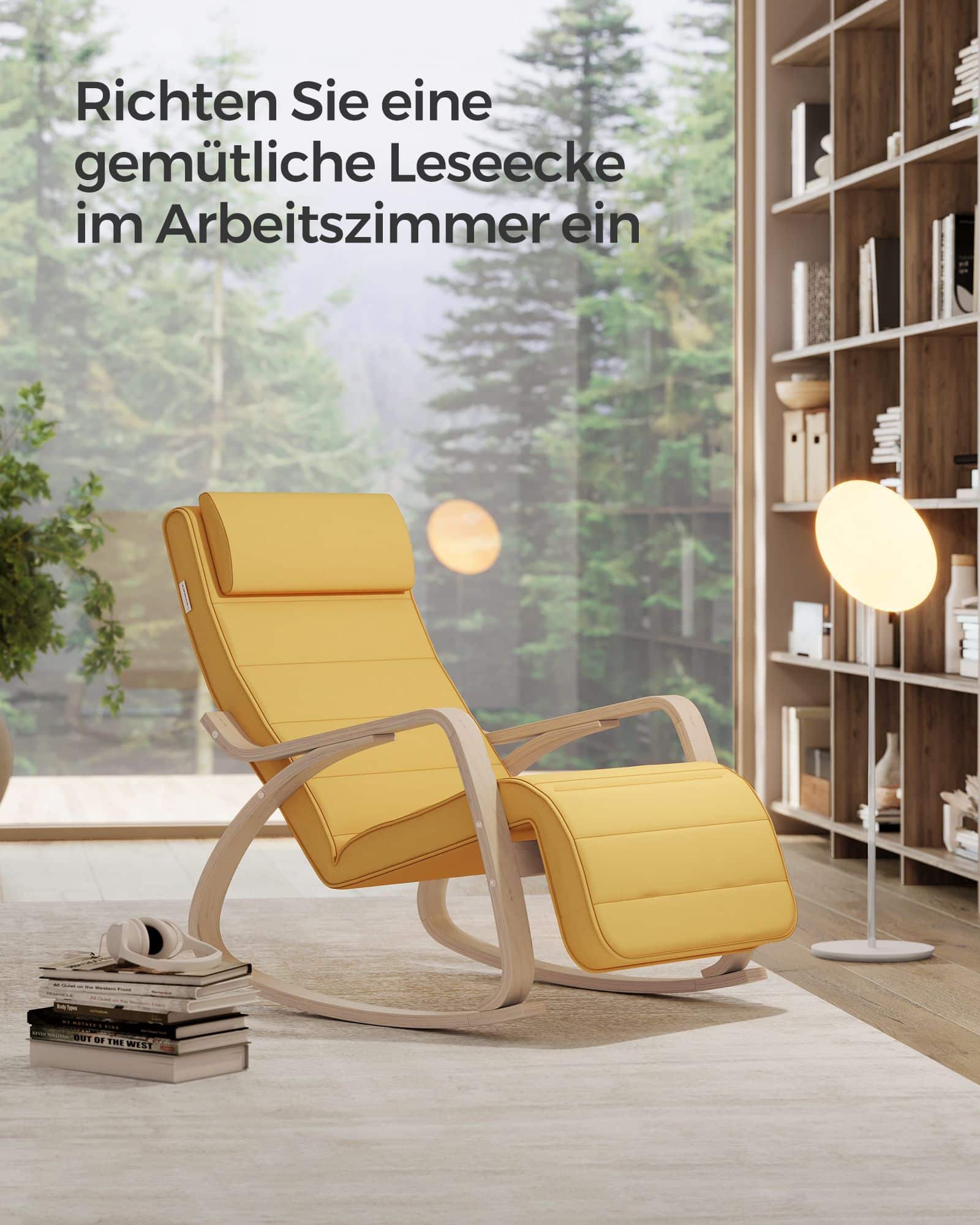 Schaukelstuhl mit 5-stufig verstellbarer Fußstütze, Schaukelsessel mit Armlehnen aus Birkenholz, für Wohnzimmer Schaukelstuhl mit 5-stufig verstellbarer Fußstütze, Schaukelsessel mit Armlehnen aus Birkenholz, für Wohnzimmer