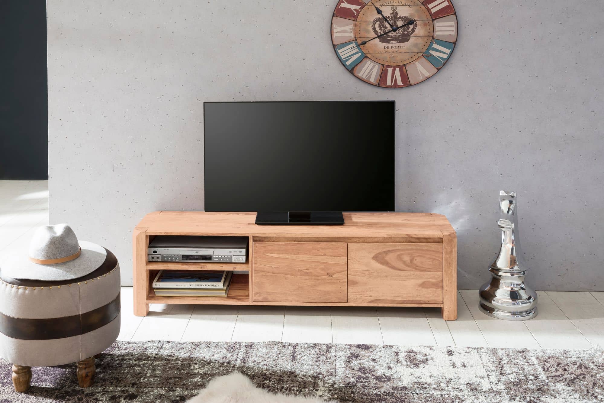 Lowboard BOHA Massivholz Akazie Kommode 140 cm TV-Board Ablage-Fächer Landhaus-Stil Unterschrank 40 cm TV-Möbel Lowboard BOHA Massivholz Akazie Kommode 140 cm TV-Board Ablage-Fächer Landhaus-Stil Unterschrank 40 cm TV-Möbel
