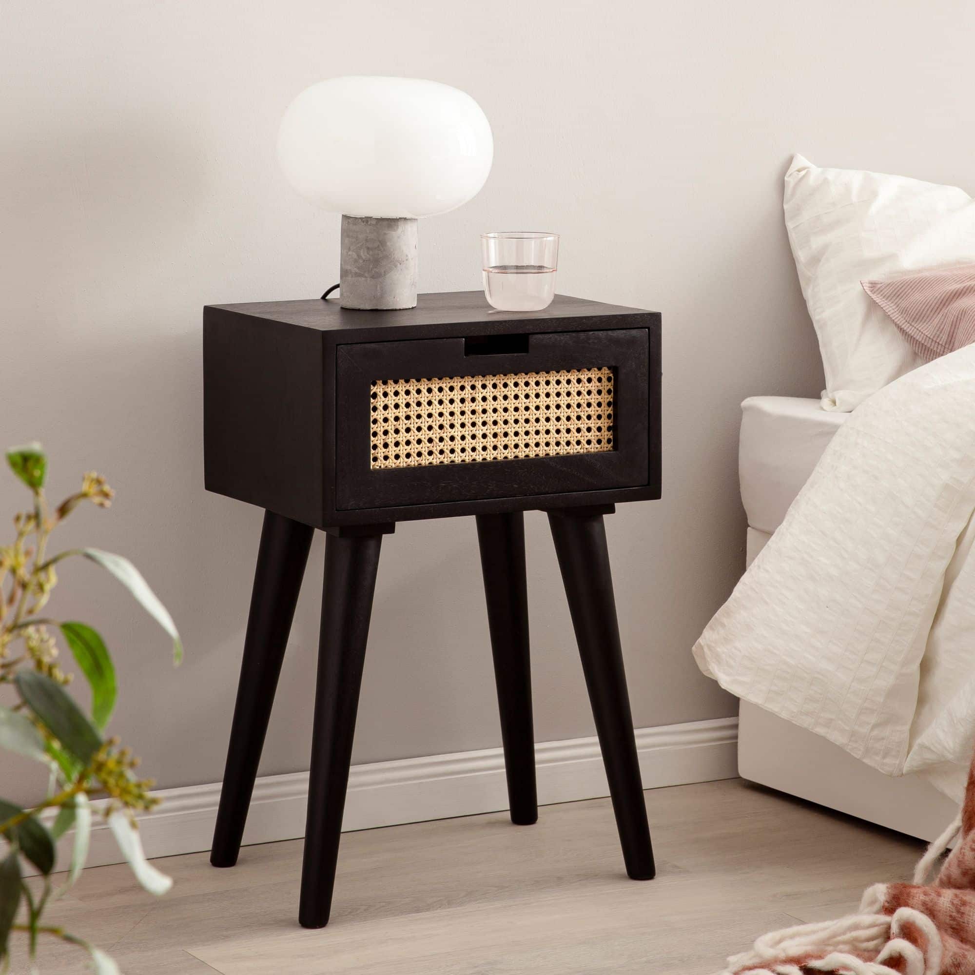Nachtkonsole Mango Massivholz / Rattan 40x60x30 cm Nachttisch Schwarz