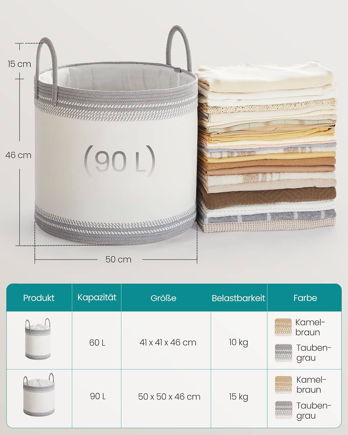 Wäschekorb 90 L mit Deckel & Griff – Taubengrau Wäschekorb 90 L mit Deckel & Griff – Taubengrau