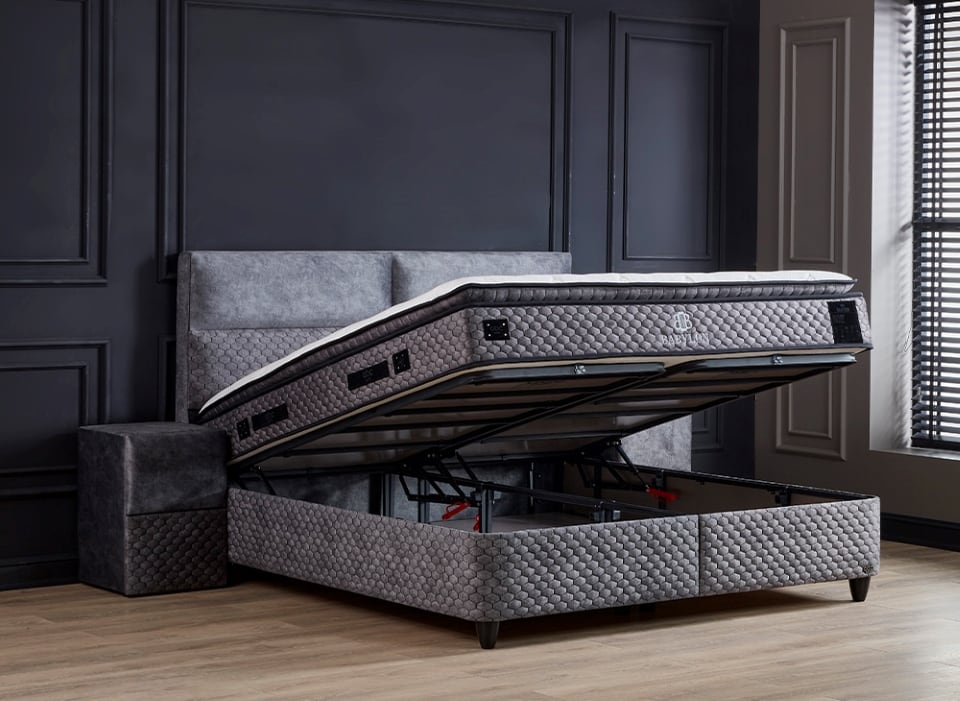 babylon-6 Graues Boxspringbett Babylon: Höchster Schlafkomfort