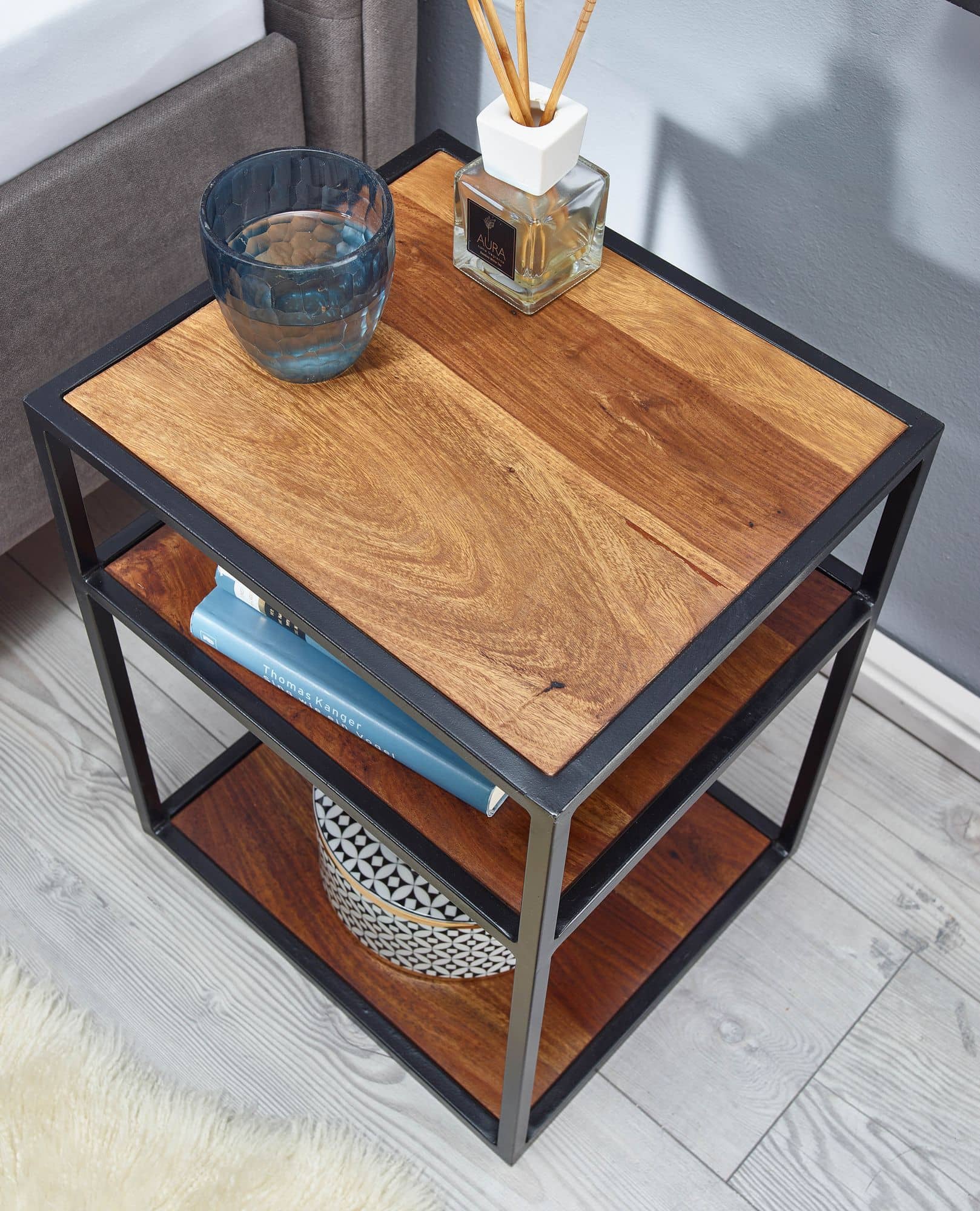 Nachttisch Sheesham Massivholz / Metall 40x50x35 cm Beistelltisch Hoch