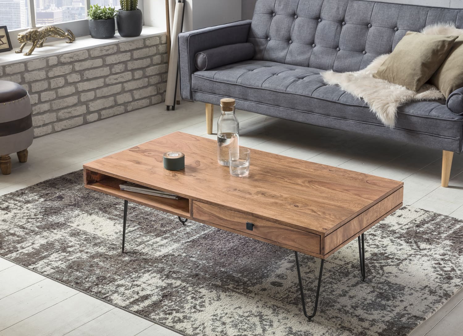 38516-WOHNLING-Couchtisch-BAGLI-Massiv-Holz-Akazi_1 Couchtisch BAGLI Massiv-Holz Akazie 110 cm breit Wohnzimmer-Tisch Design Metallbeine Landhaus-Stil Beistelltisch