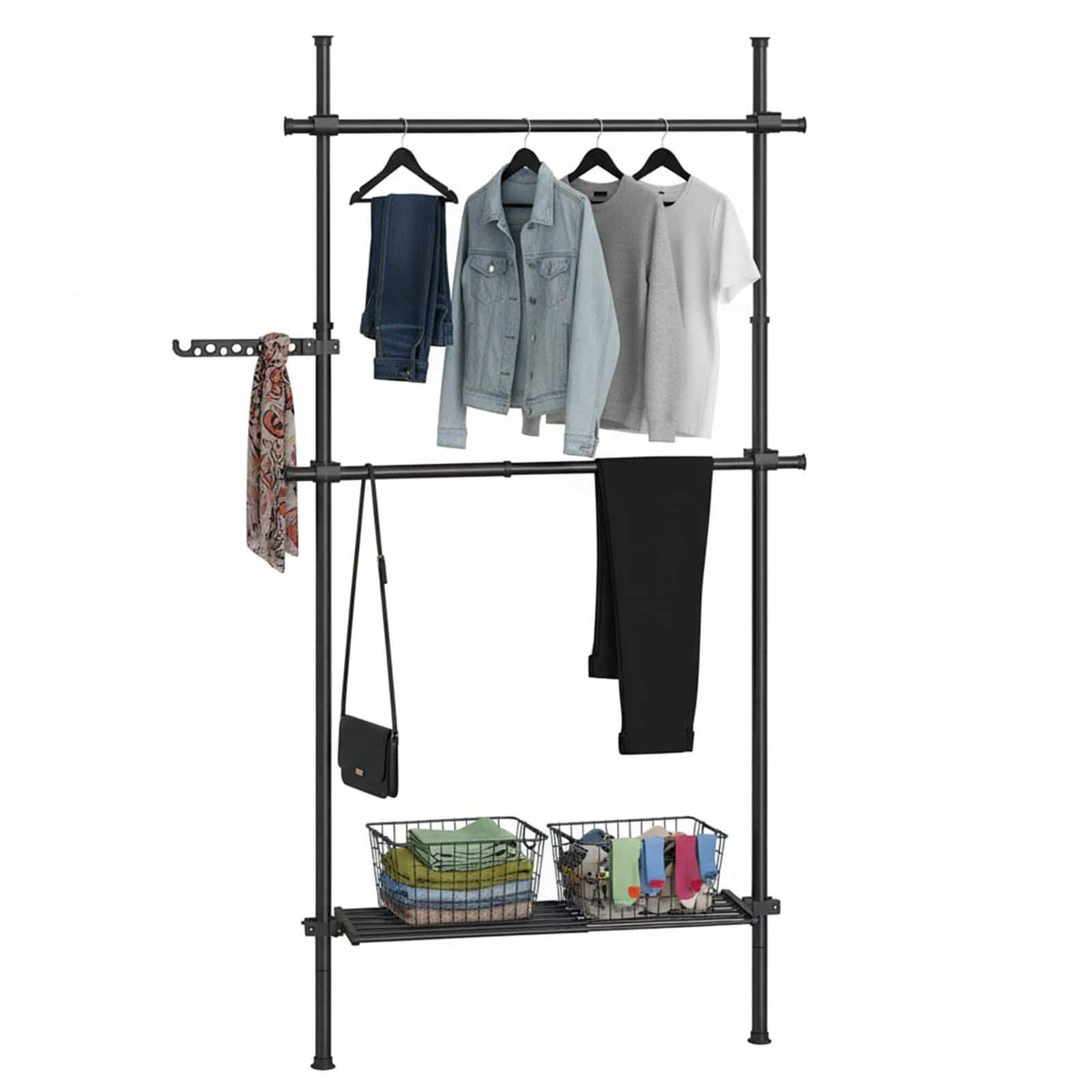 3-stufiger Kleiderständer, höhen- und breitenverstellbar, offene Garderobe mit 2 Kleiderstangen und 1 Ablage 3-stufiger Kleiderständer, höhen- und breitenverstellbar, offene Garderobe mit 2 Kleiderstangen und 1 Ablage