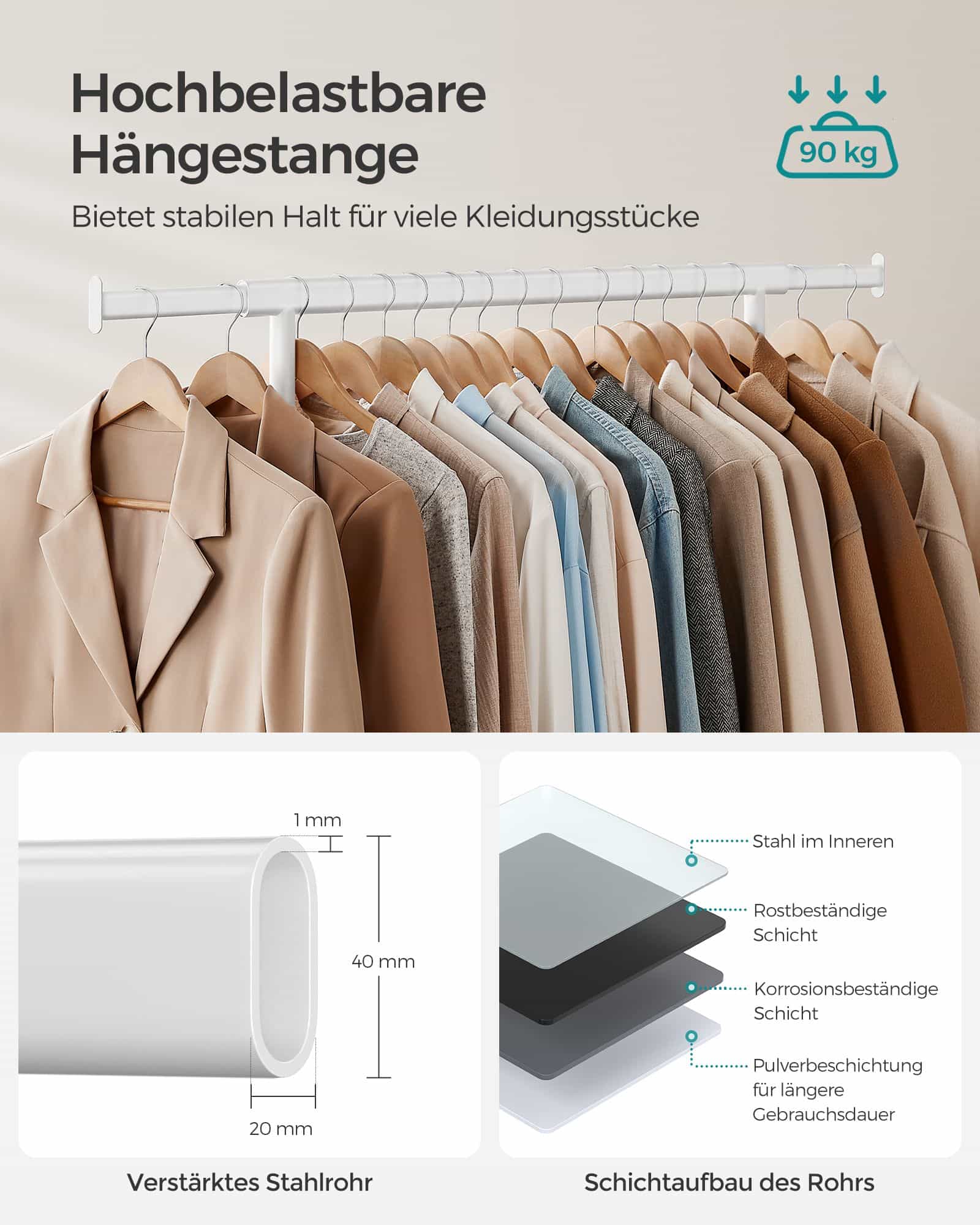 Kleiderständer auf Rollen 90 kg Tragkraft klassikweiß Kleiderständer auf Rollen 90 kg Tragkraft klassikweiß