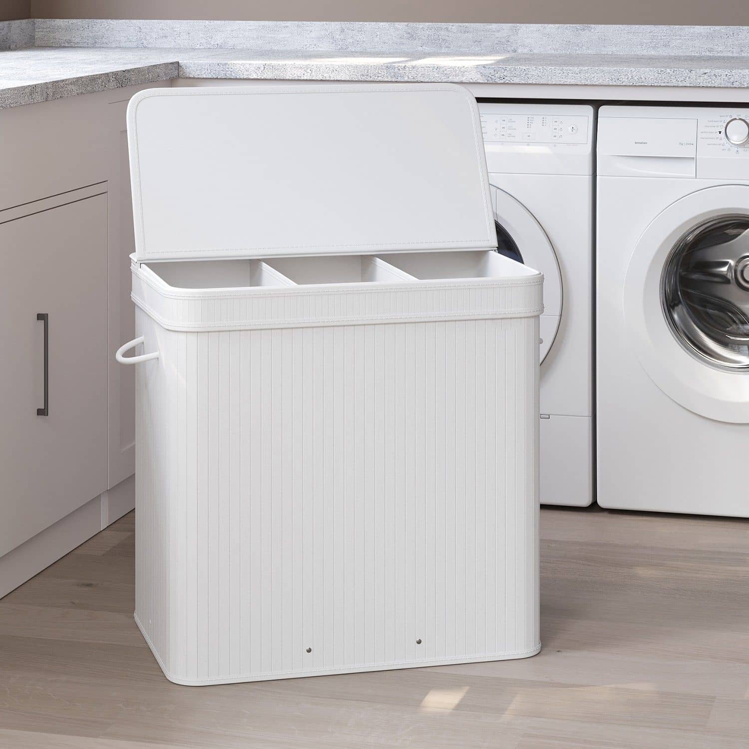Wäschekorb mit Deckel, Wäschesammler Bambus, Wäschesack mit Griffen herausnehmbar und maschinenwaschbar