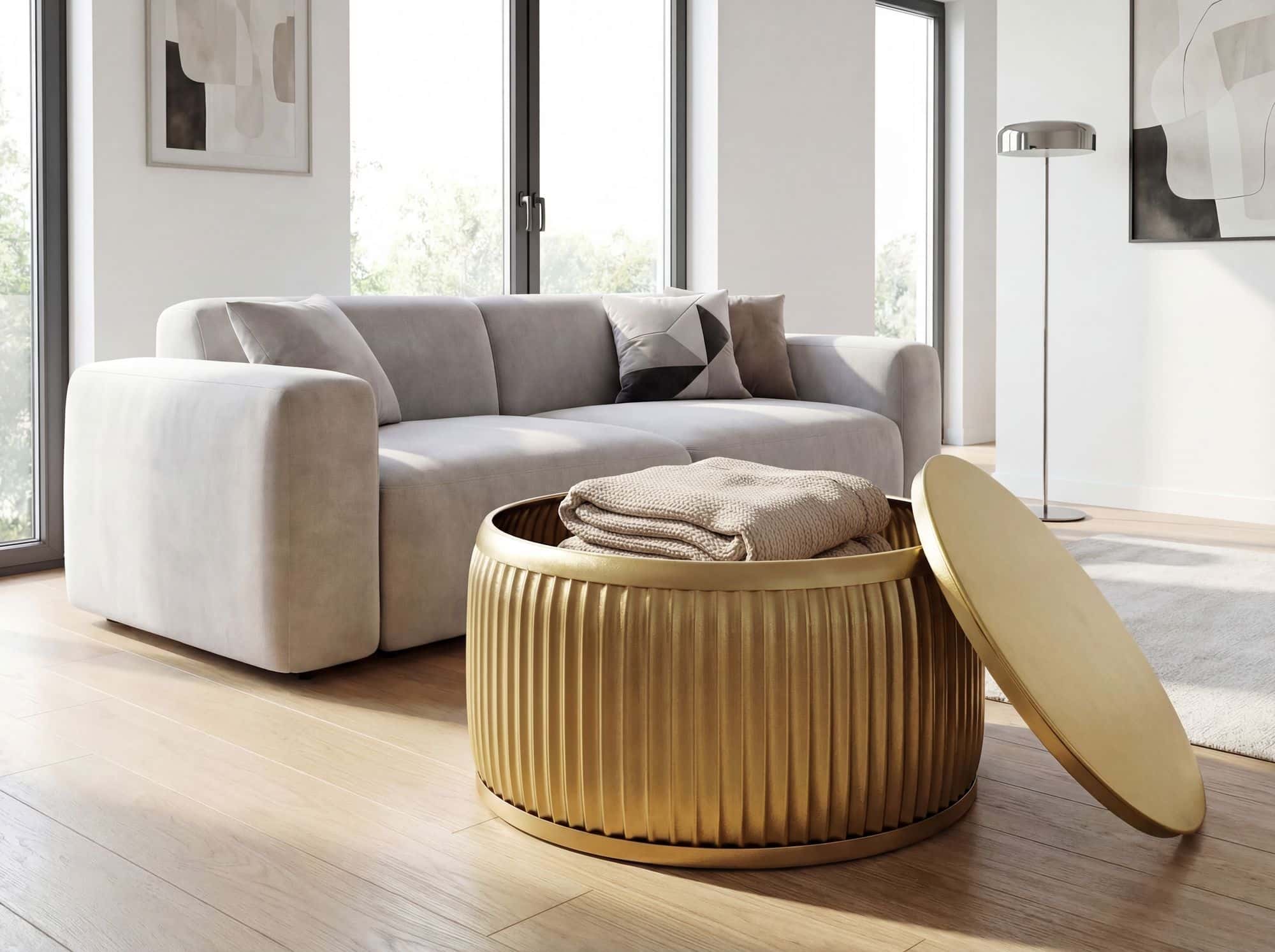 Couchtisch Metall Rund 60cm Gold mit abnehmbarer Tischplatte - Design Wohnzimmertisch mit Stauraum - Extravaganter Loungetisch Metall - Moderner Sofatisch - Beistelltisch Handmade