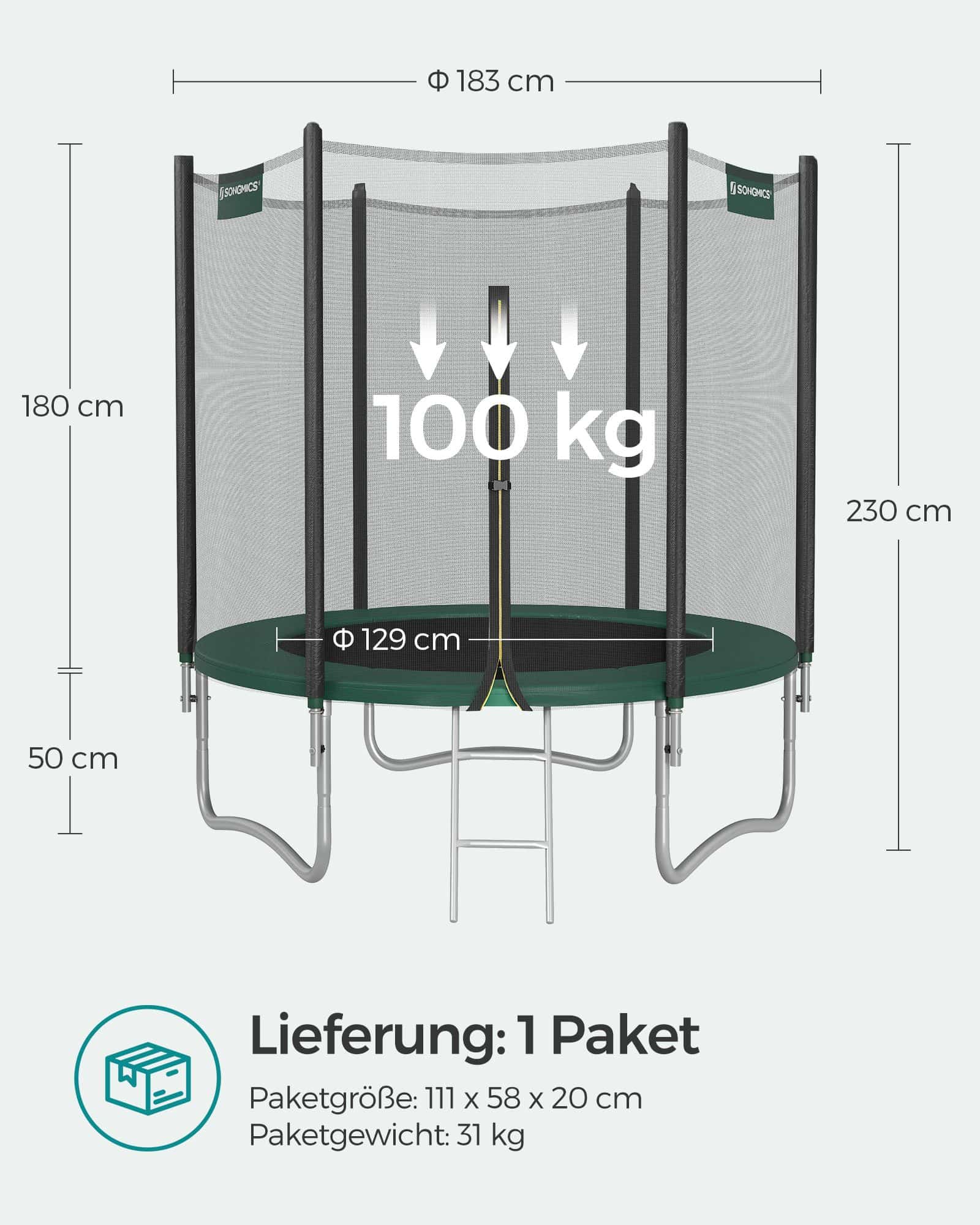 Trampolin Ø 183 cm mit Netz für Garten dunkelgrün-B34STR061C01 Trampolin Ø 183 cm mit Netz für Garten dunkelgrün-B34STR061C01