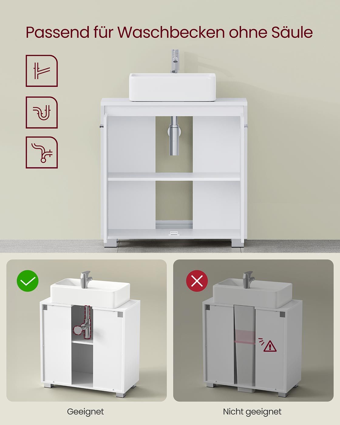 Waschbeckenunterschrank mit Fächern und Füßen