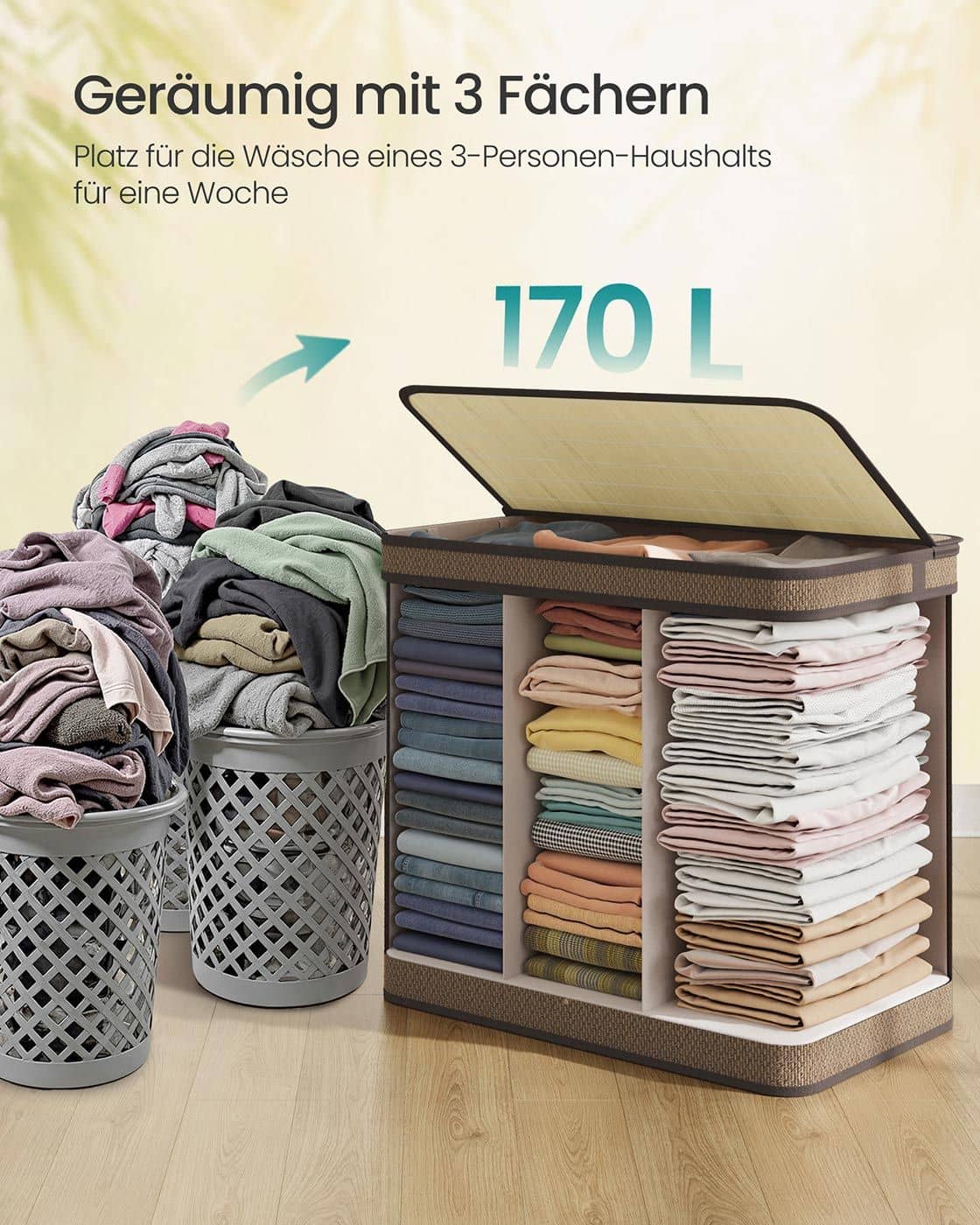 Wäschekorb 170 Liter aus Bambus mit 3 Fächern und Deckel braun