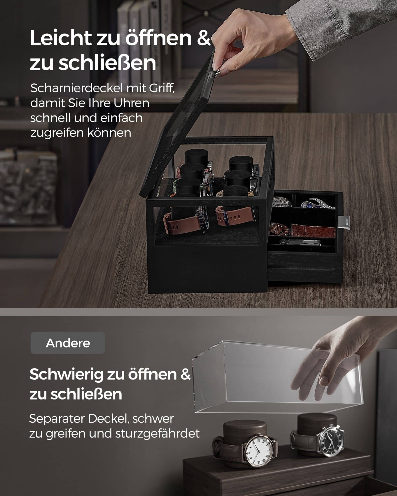 Uhrenbox mit Acryl-Deckel und 7 Uhrenkissen Uhrenbox mit Acryl-Deckel und 7 Uhrenkissen