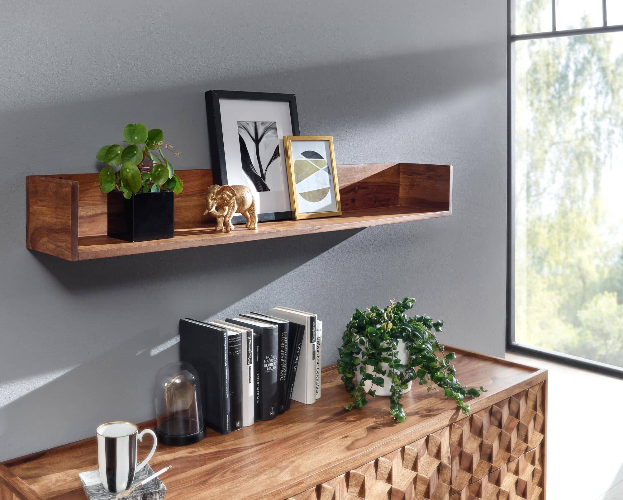 Wandregal 120x15x20 cm Sheesham Massivholz Hängeregal Modern Schwebend Wandregal 120x15x20 cm Sheesham Massivholz Hängeregal Modern Schwebend