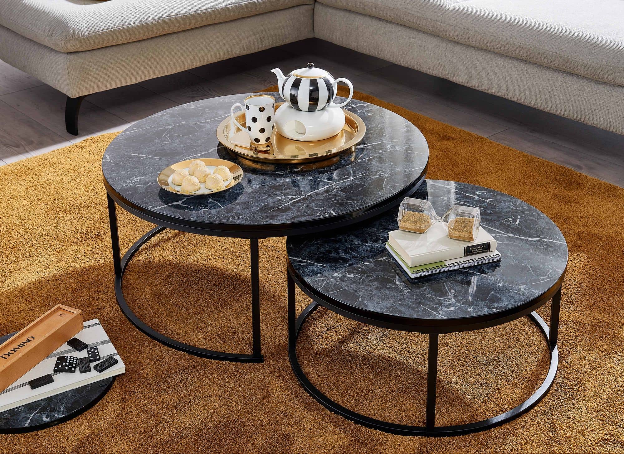 Couchtisch 2er Set Schwarz Marmor Optik Sofatisch Rund Modern