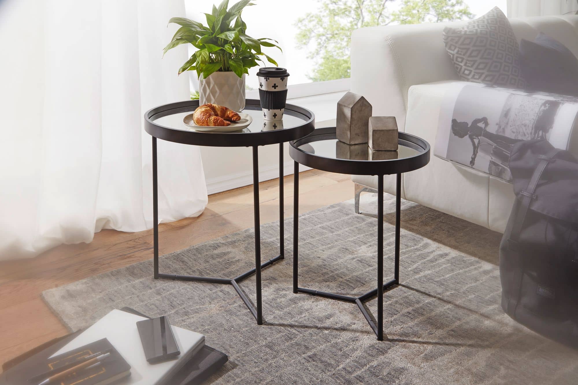 52227-WOHNLING-Beistelltisch-2er-Set-WL6-006-Satztisch-Metall-Schwarz-Verspiegelt-50-36-cm-Wohnzimmertisch-Rund-Sofatisch-Modern Design Beistelltisch Rund Ø 50/36 cm - 2 teilig Schwarz mit Spiegel Glasplatte