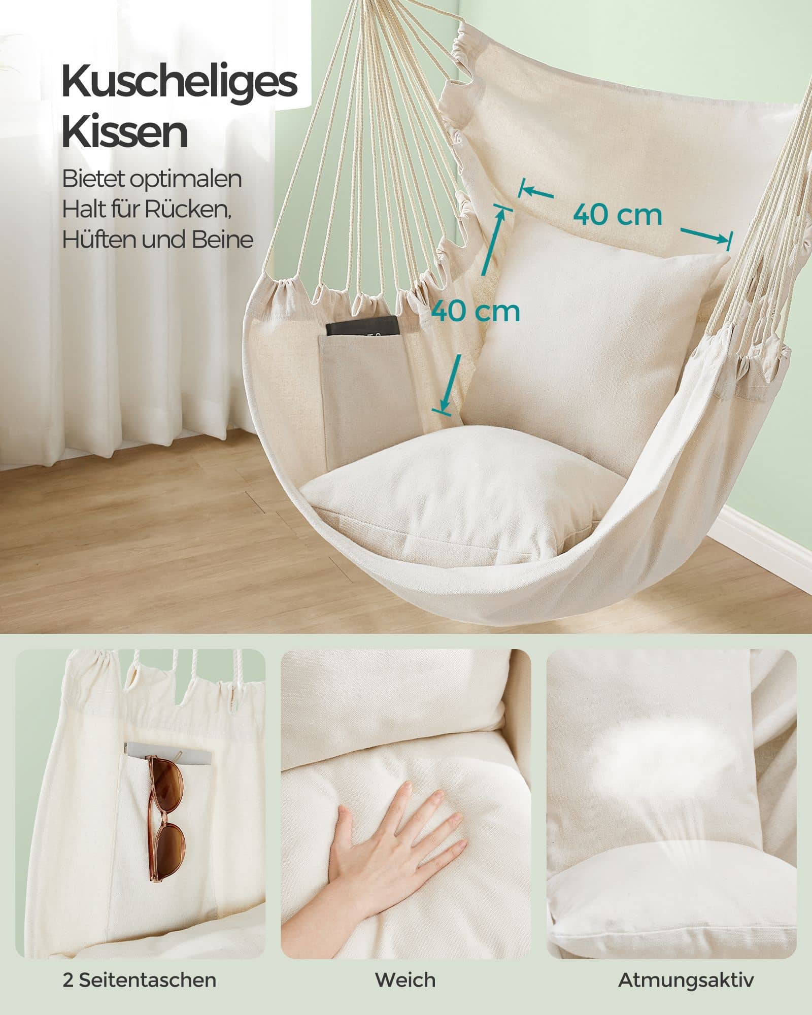 Hängesessel mit 2 Kissen und Metallkette cremeweiß Hängesessel mit 2 Kissen und Metallkette cremeweiß