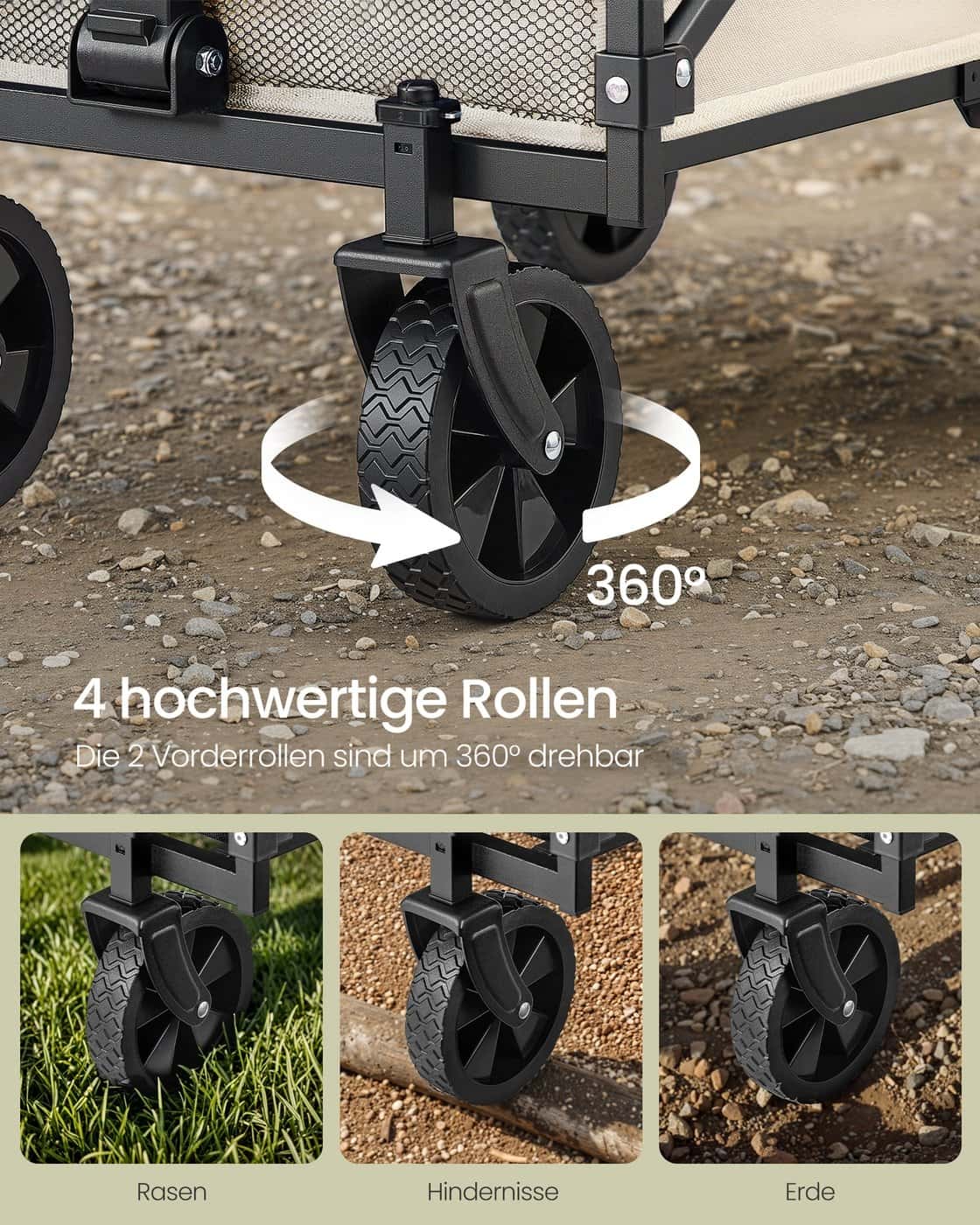 Kleiner Handwagen faltbar mit 4 verstärkten Rollen und Griff Sandbeige