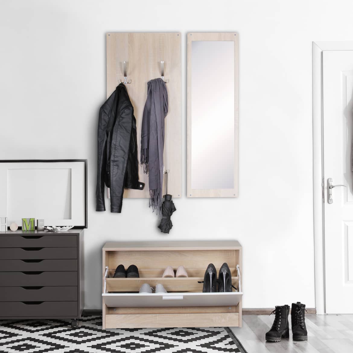 44695-WOHNLING-Wand-Garderobe-JANA-mit-Spiegel-un_1K3PVNa9uANpwT Wand-Garderobe SALERNO mit Spiegel & Schuhschrank Spanplatte sonoma