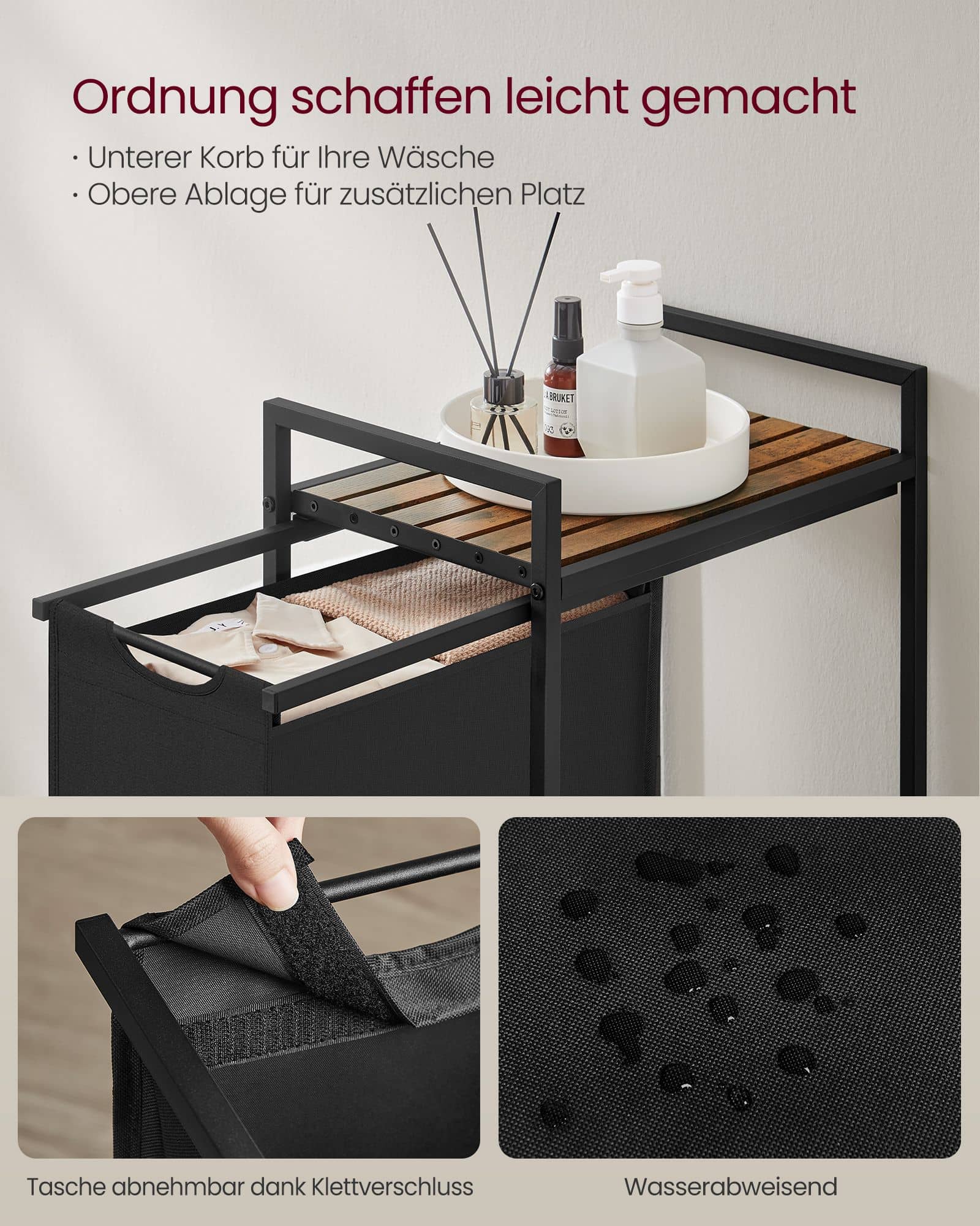 Wäschekorb mit Ablage tintenschwarz-vintagebraun Wäschekorb mit Ablage tintenschwarz-vintagebraun