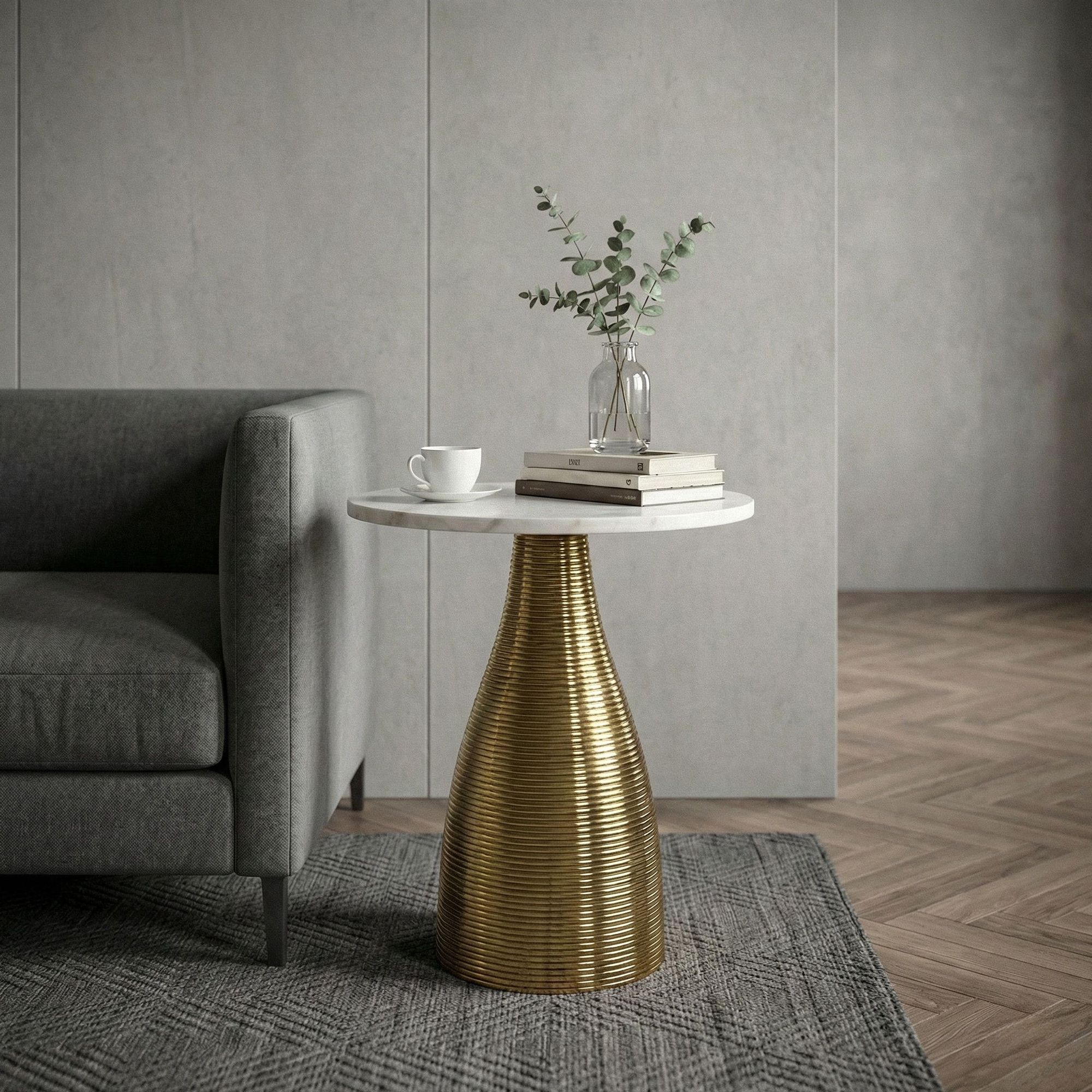 Beistelltisch Rund 40cm Gold mit Massiver Marmorplatte Weiß - Wohnzimmertisch Naturstein Anstelltisch - Sofatisch Design Metall Couchtisch - Wohnzimmer Tisch Modern Handmade