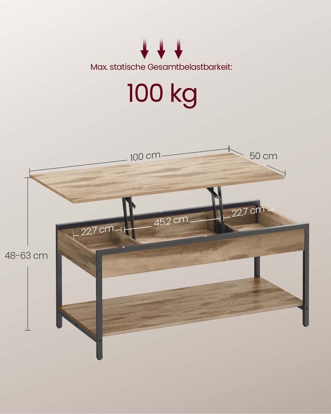Couchtisch höhenverstellbar 50 × 100 cm mit Fach kamelbraun-tintenschwarz