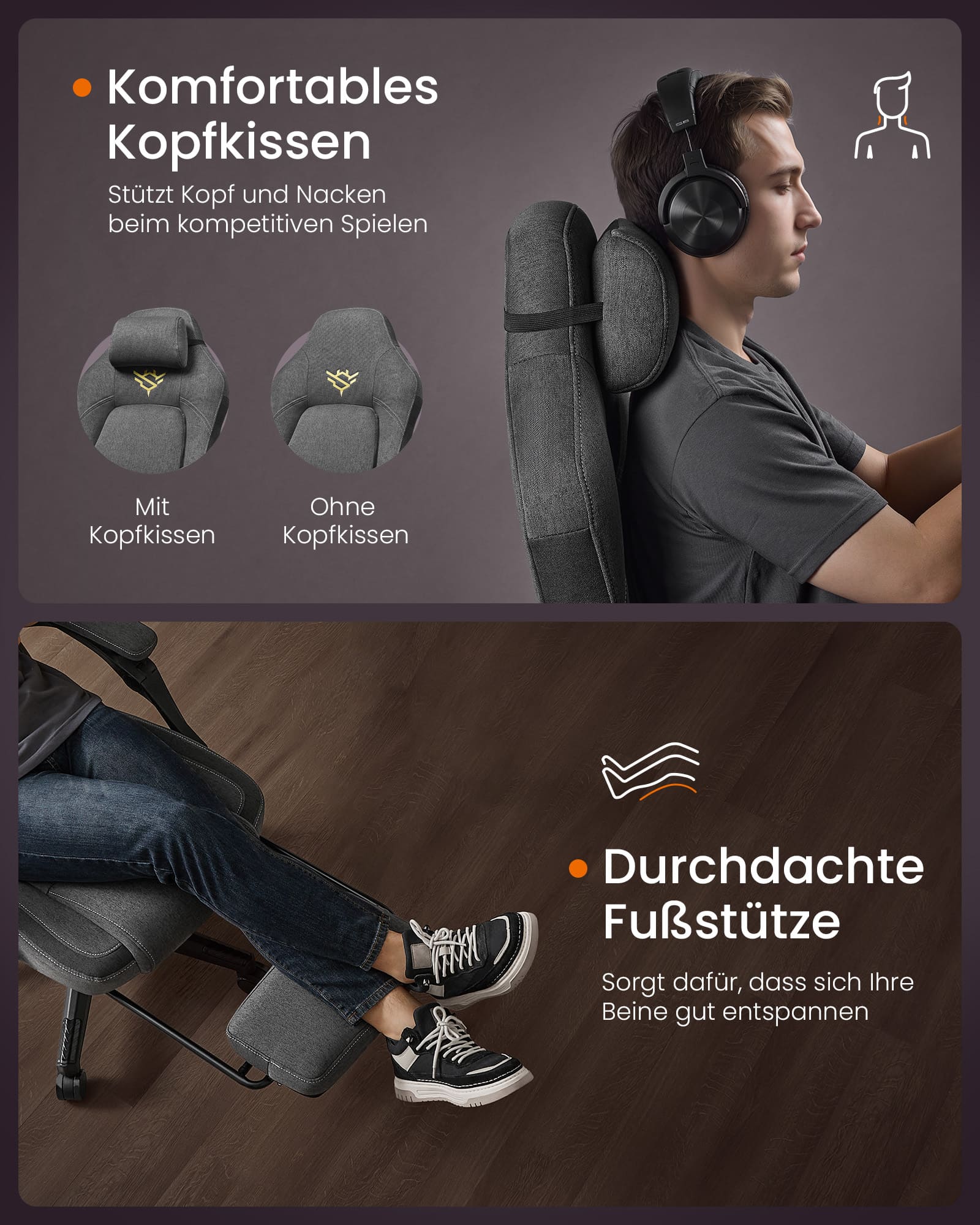 Gaming-Stuhl höhenverstellbar mit Fußstütze und Kopfkissen taubengrau Gaming-Stuhl höhenverstellbar mit Fußstütze und Kopfkissen taubengrau