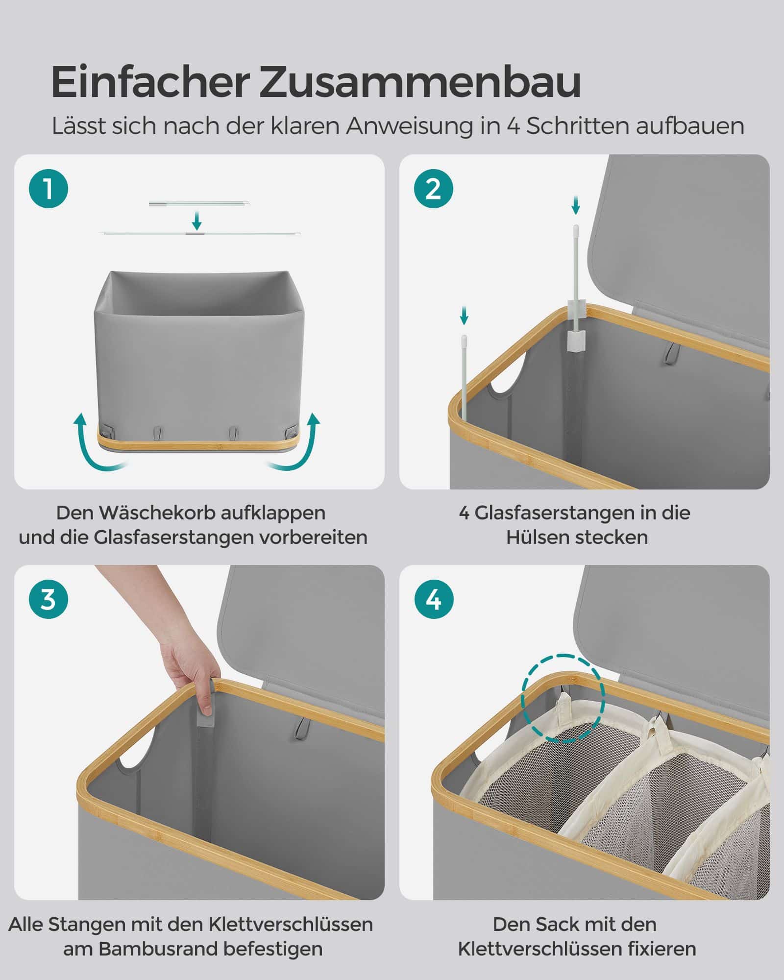 Wäschekorb 3 Fächer mit Griffen aus Bambus taubengrau