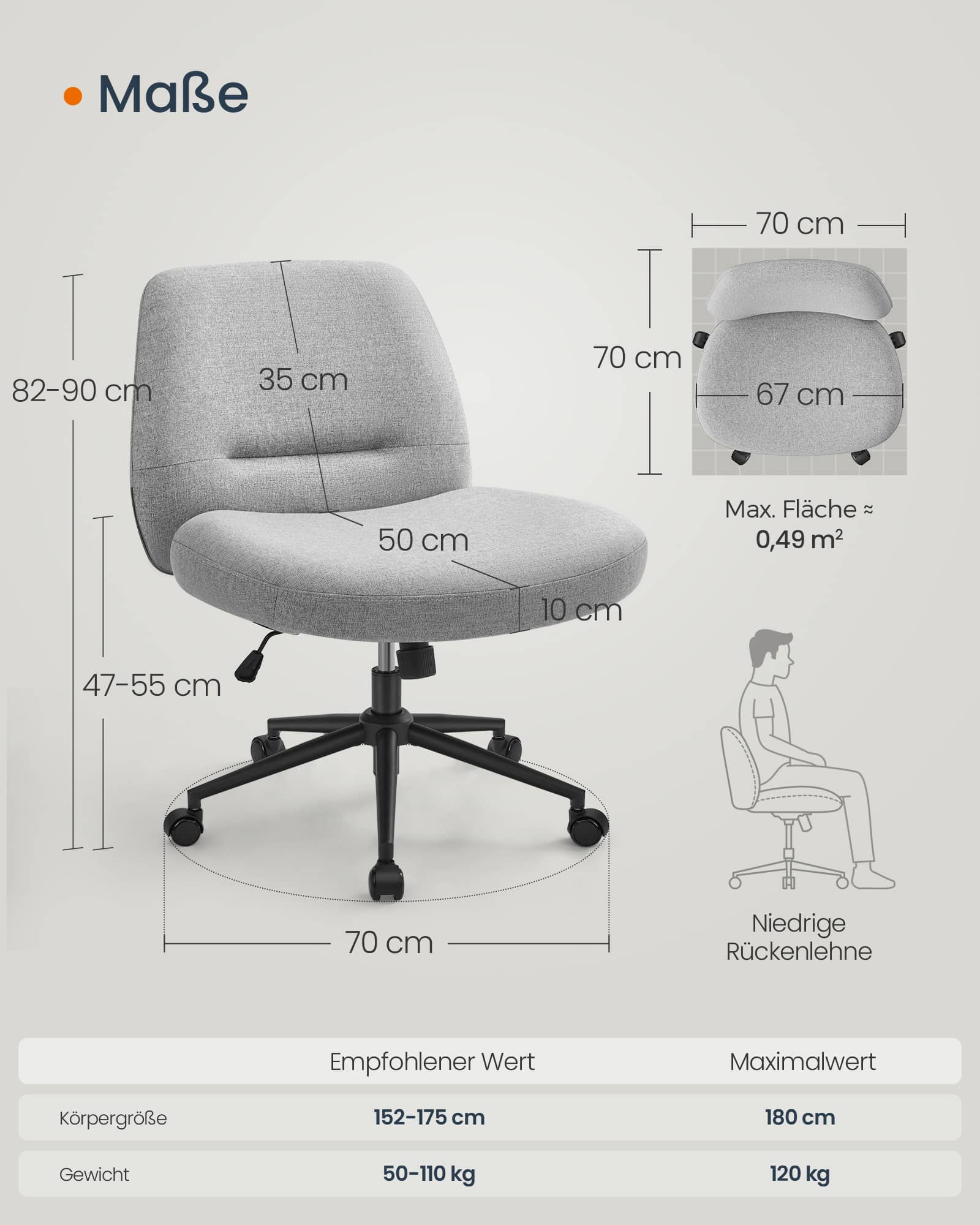 Bürostuhl mit breiter Sitzfläche und Fußkreuz taubengrau Bürostuhl mit breiter Sitzfläche und Fußkreuz taubengrau