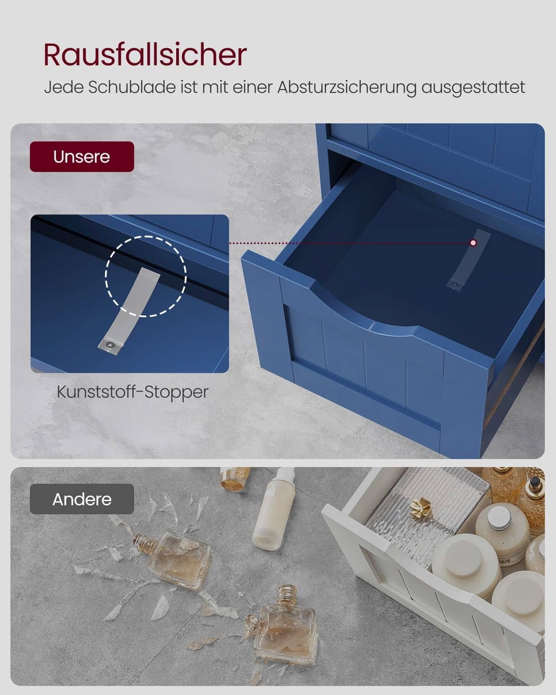 Badezimmerschrank mit 4 Schubladen und 1 Schrank mit verstellbarer Ablage hafenblau