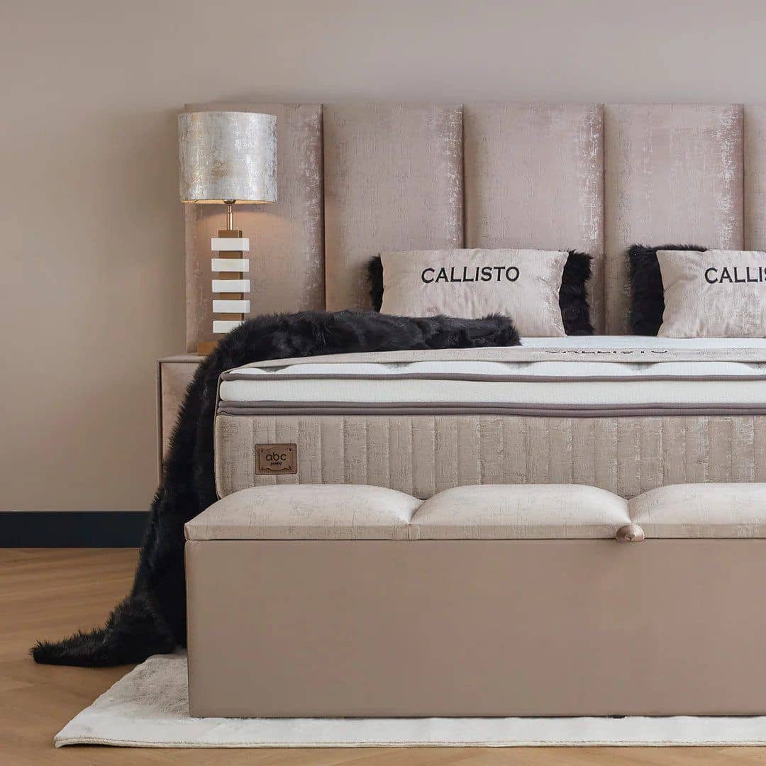 Boxspringbett Calisto Beige – ABC Bedding mit Stauraum & Samtbezug Boxspringbett Calisto Beige – ABC Bedding mit Stauraum & Samtbezug