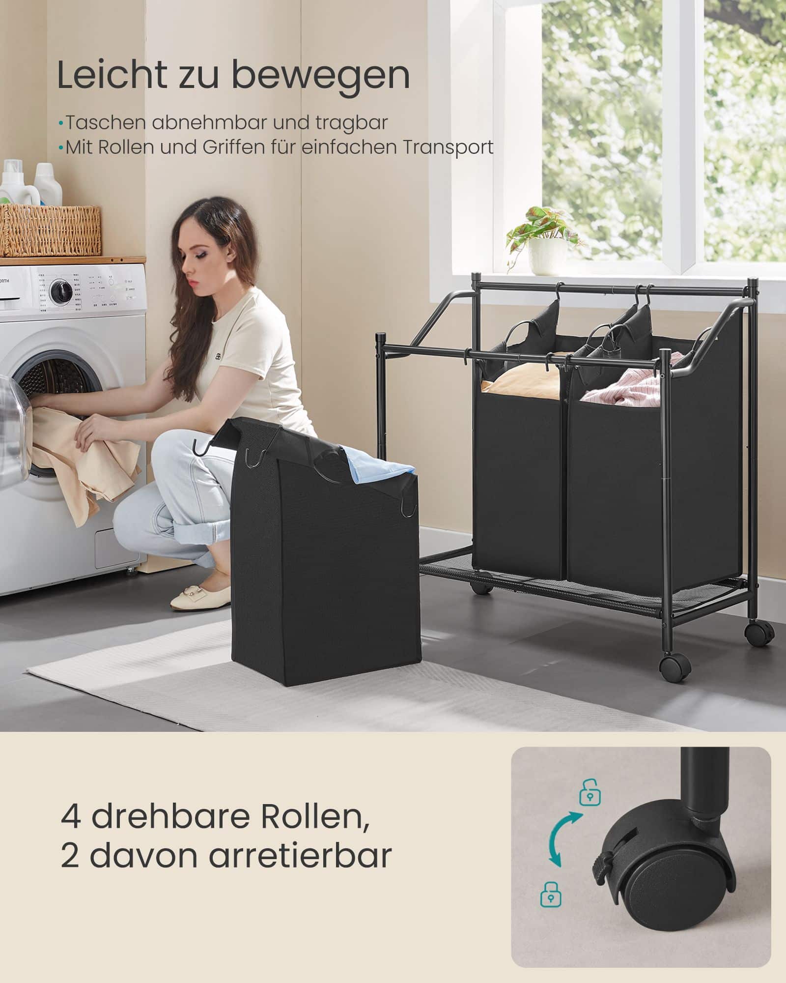 Wäschekorb mit Rollen 3 x 45 L tintenschwarz Wäschekorb mit Rollen 3 x 45 L tintenschwarz
