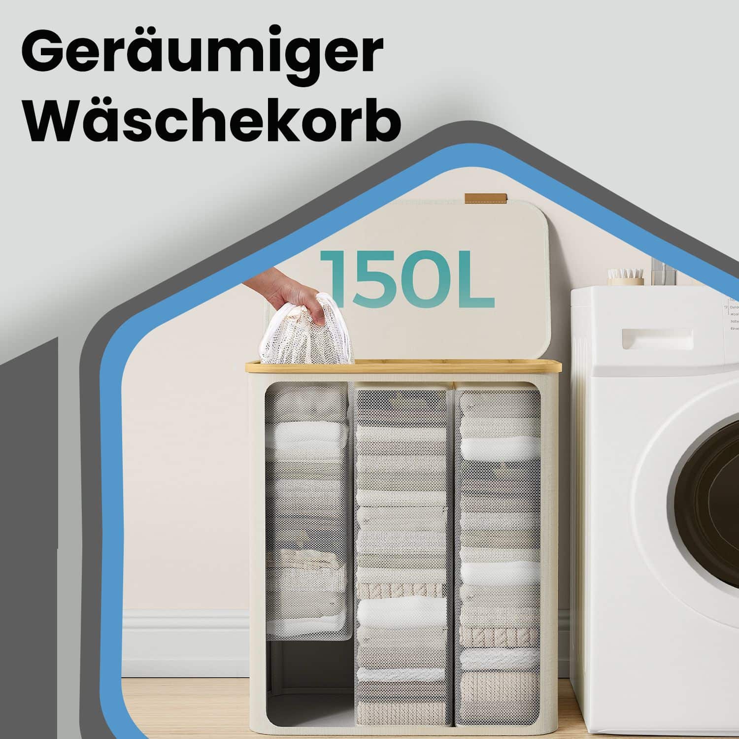 Wäschekorb 3 Fächer, Wäschesammler mit Deckel, 150 L