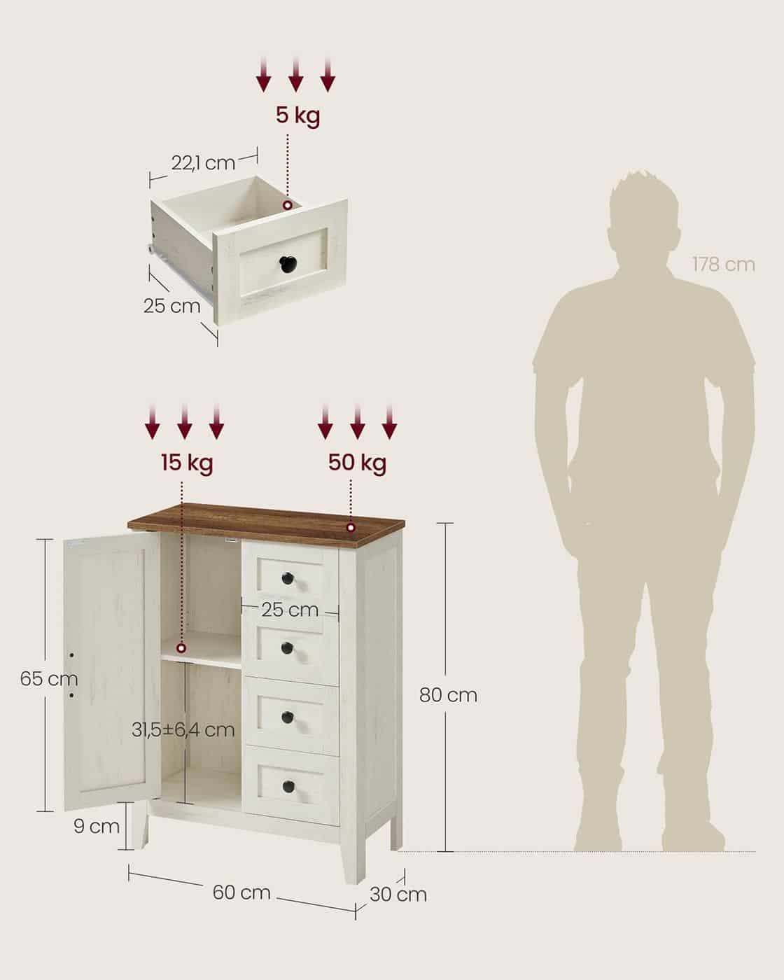 Badezimmerschrank mit Schubladen und verstellbaren Ablagen im Landhausstil