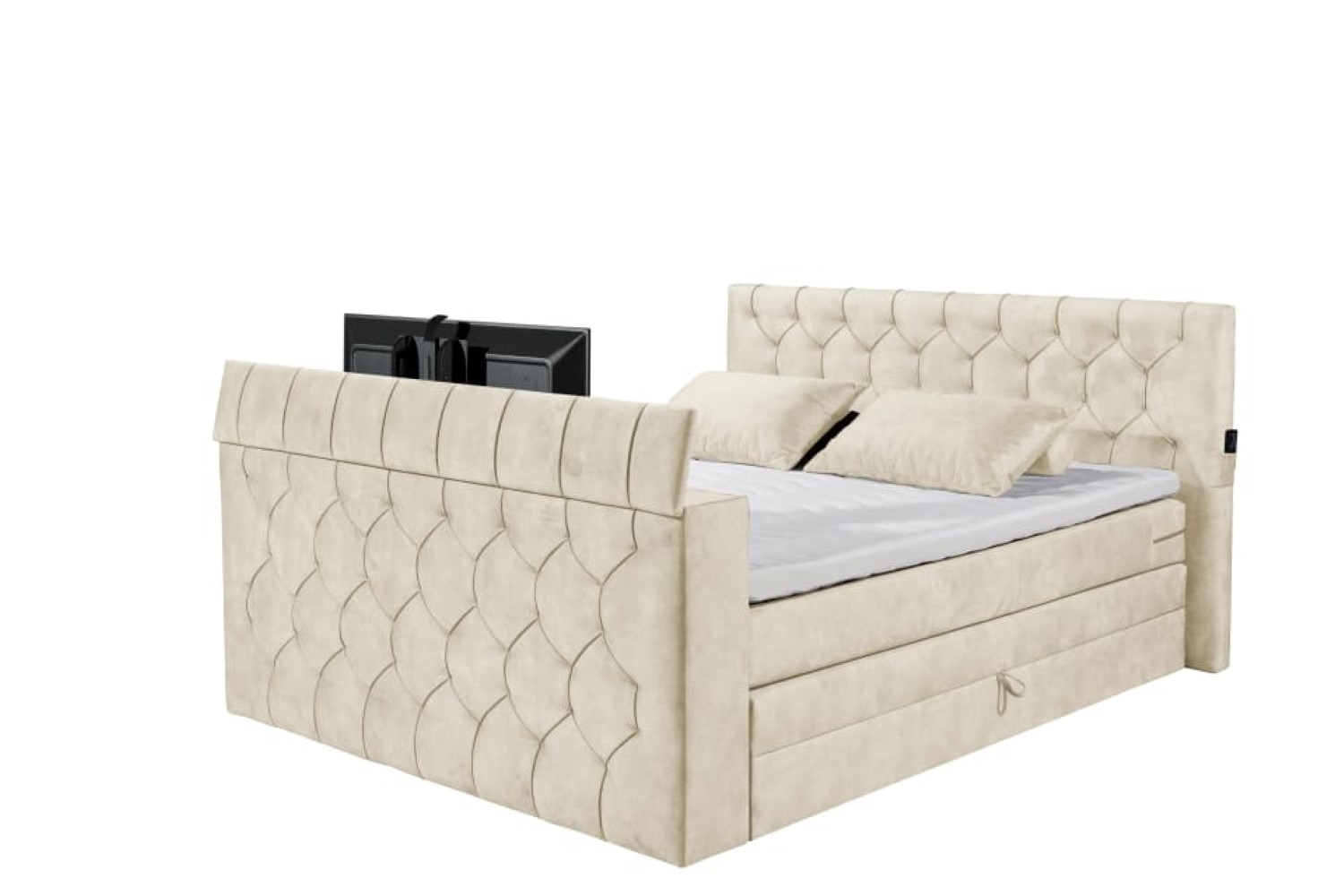 Boxspringbett Springdale - motorisierter TV-Halterung, geräumigem Bettkasten und Duo-Wendematratze H3/H4 - ED Exciting Design 