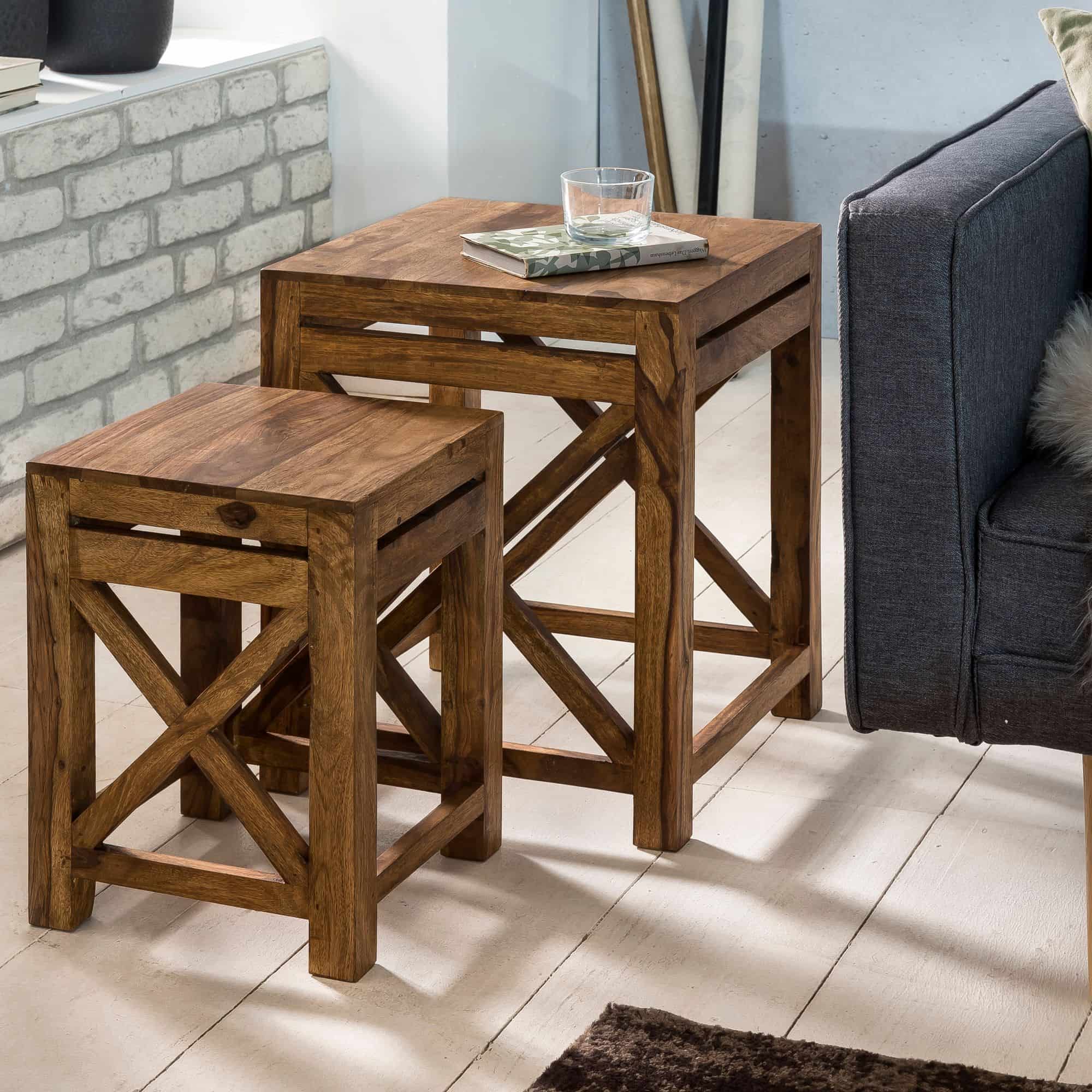 2er Set Beistelltisch PALI Massiv-Holz Sheesham Wohnzimmer-Tisch Design dunkel-braun Landhaus-Stil Couchtisch 2er Set Beistelltisch PALI Massiv-Holz Sheesham Wohnzimmer-Tisch Design dunkel-braun Landhaus-Stil Couchtisch